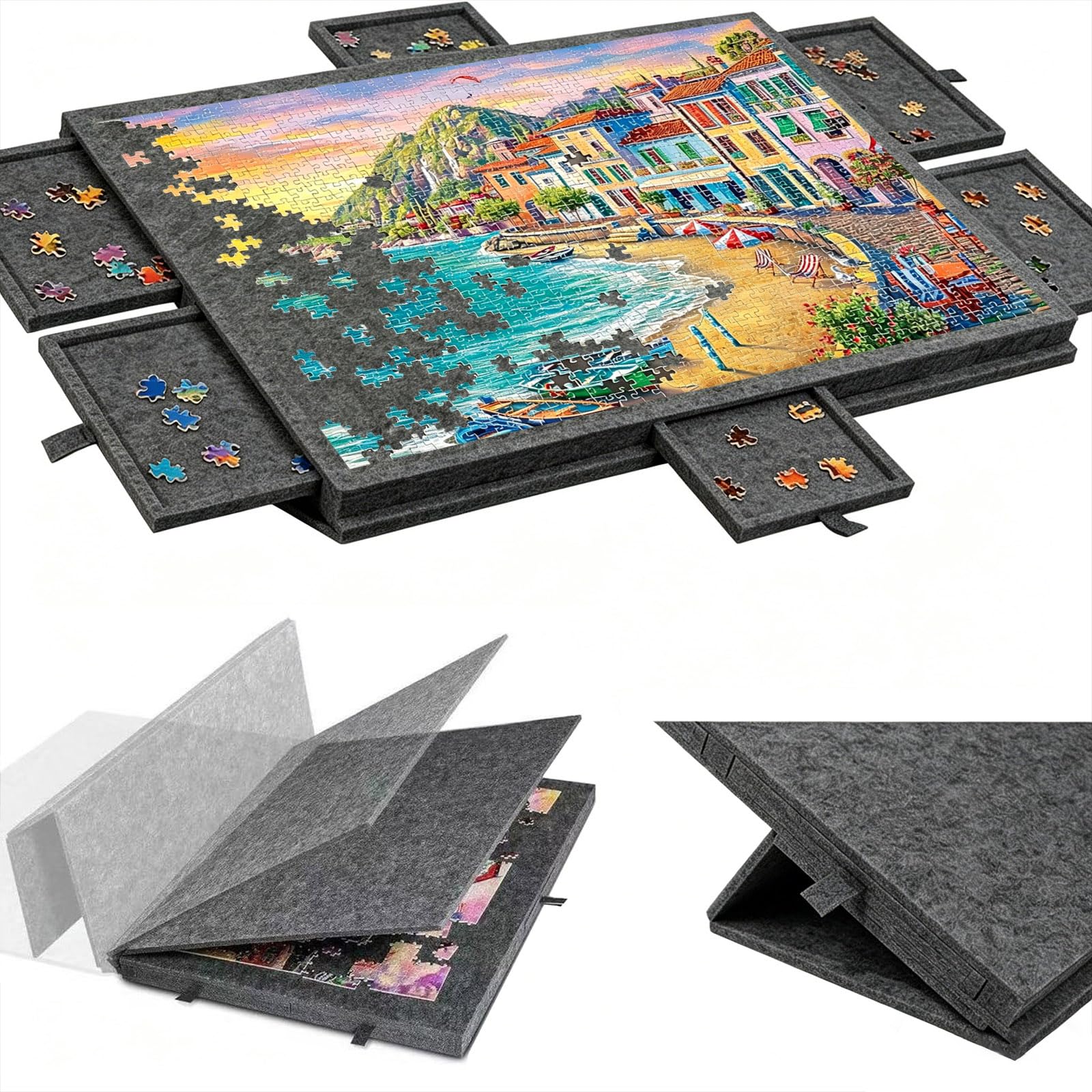 Przechylany stół do puzzli, czarny, przenośna deska do puzzli z 6 szufladami, deska do puzzli ze stojakiem 2 w 1 i pokrywą, super lekki filcowy stół puzzle, akcesoria do 1000 elementów