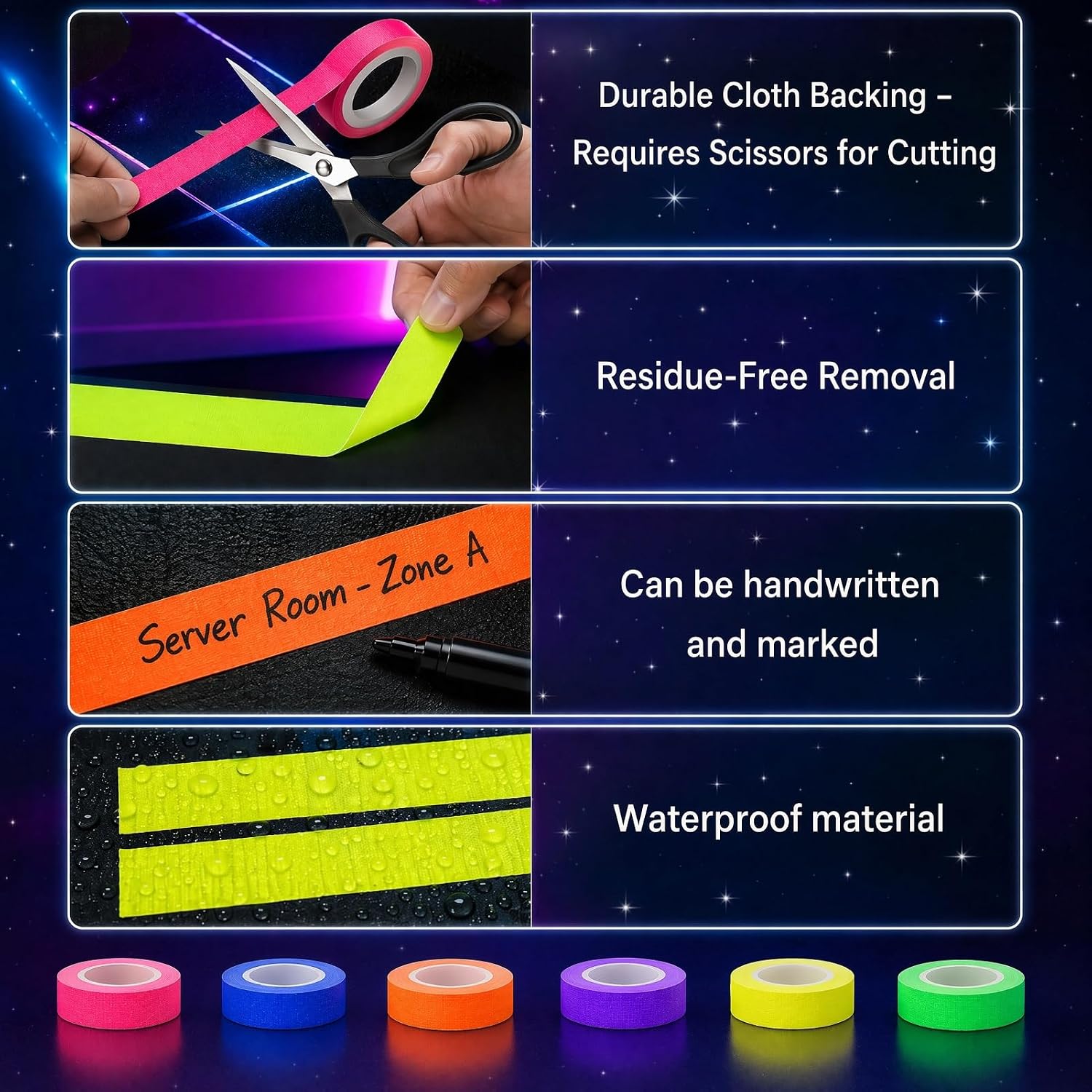 Tavira Neon Gaffer Tape, 6 Rolls 0.6 Inch x 30 Ft, Total 180 Ft