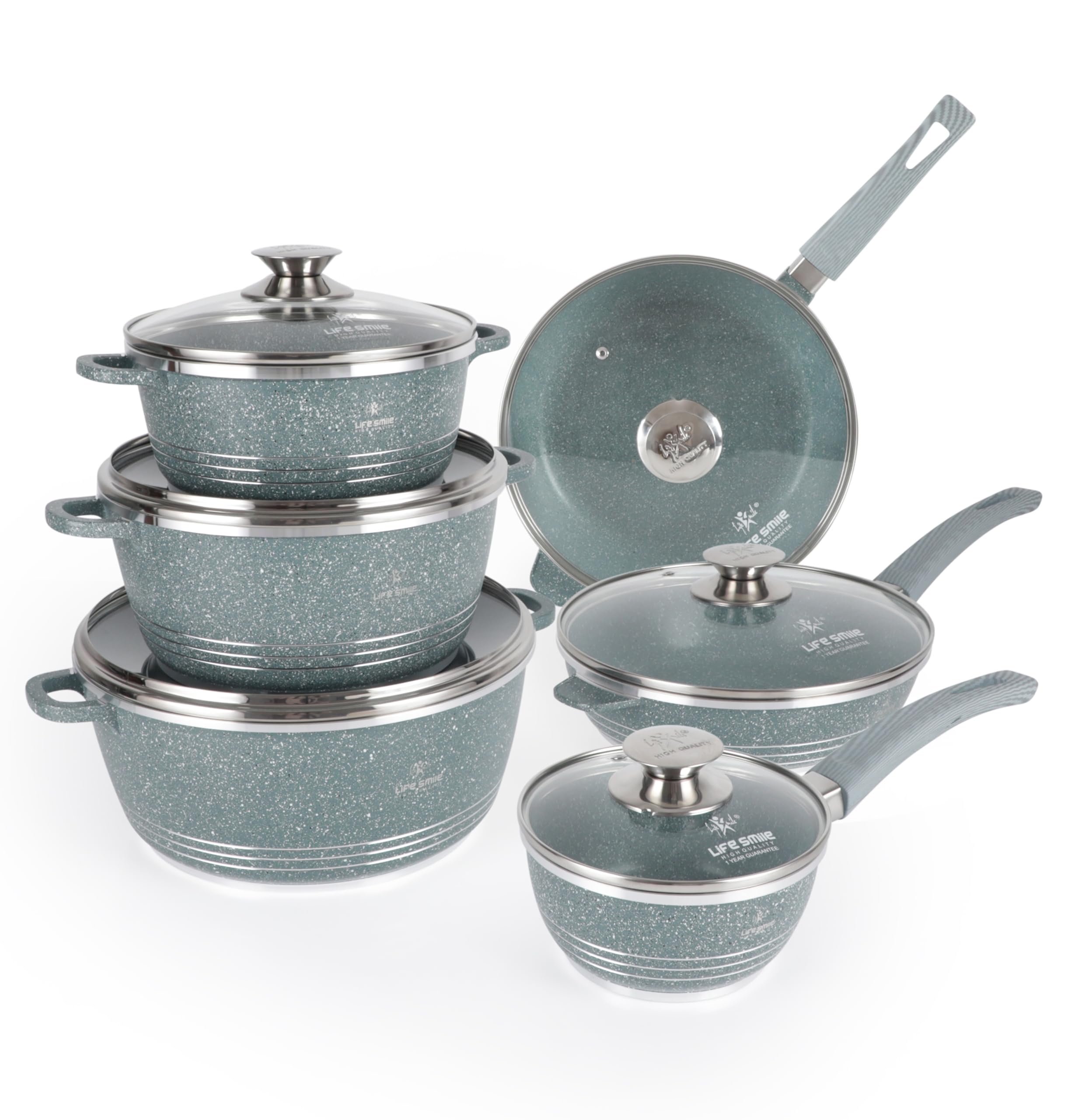 Cookware Set 12 Pieces Granite Stone - LIFE SMILE Pots and Pans set Multi Layer Granite Non Stick Coating Cookware Sets 100% PFOA FREE, Kitchenware Cooking Sets (Green, Deep Pans)