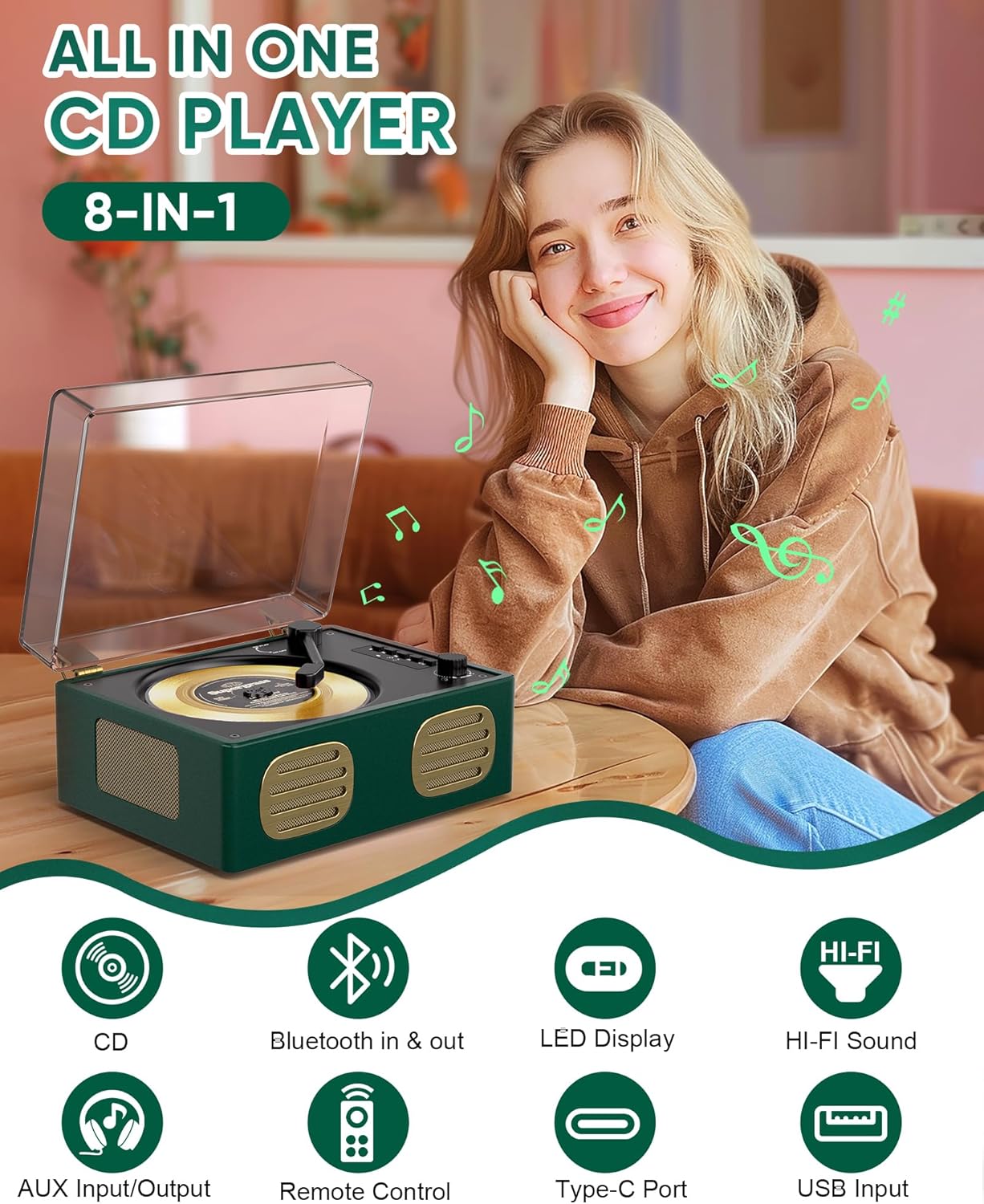 CD Player with Built-in Speaker Portable CD Players with Bluetooth Output/Input USB Playback Headphone Jack with Remote Control, LED Screen Rechargeable Small CD Player Green