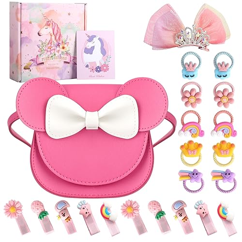 Encantador juego de regalo de cumpleaños y juguete para niñas, mini monedero rosa con accesorios para el cabello clips, pasadores, corbatas y lazos