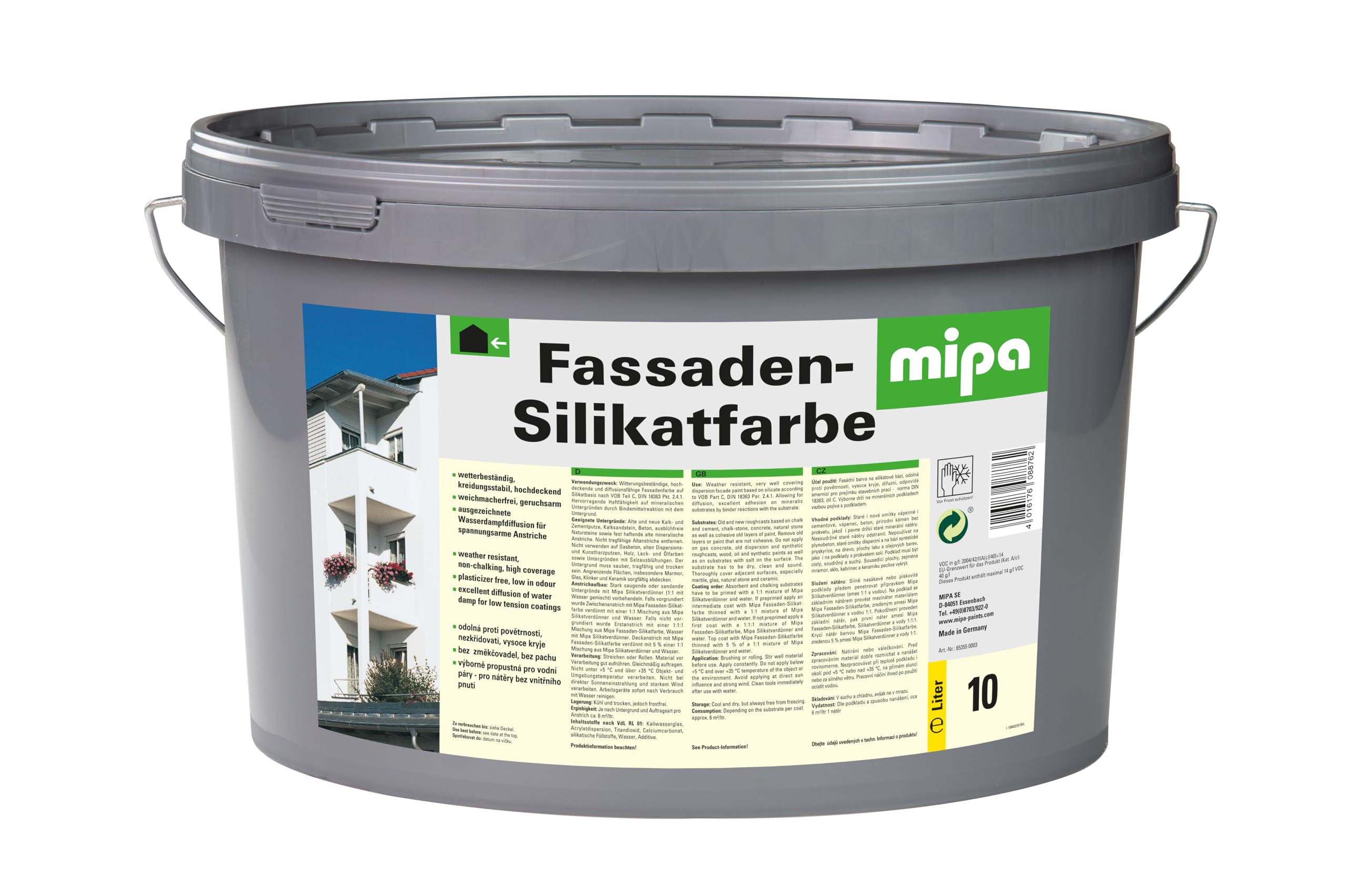 MIPA Vernice in silicone per facciate, opaca, 10 l, bianco, per facciate, base di silicato, di alta qualità