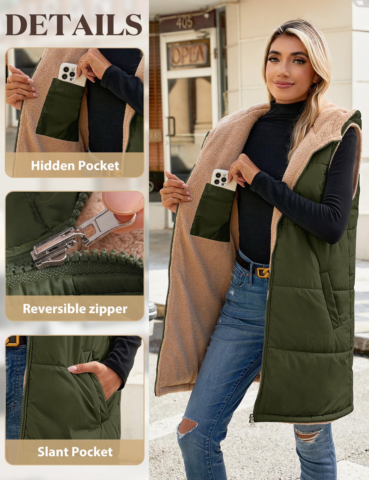 Tuopuda Gilet Donna Lungo in Pile, Smanicato Invernale con Cappuccio, Cappotto Senza Maniche Termico Giubbotto Imbottito Giacca con Cerniera e Tasche