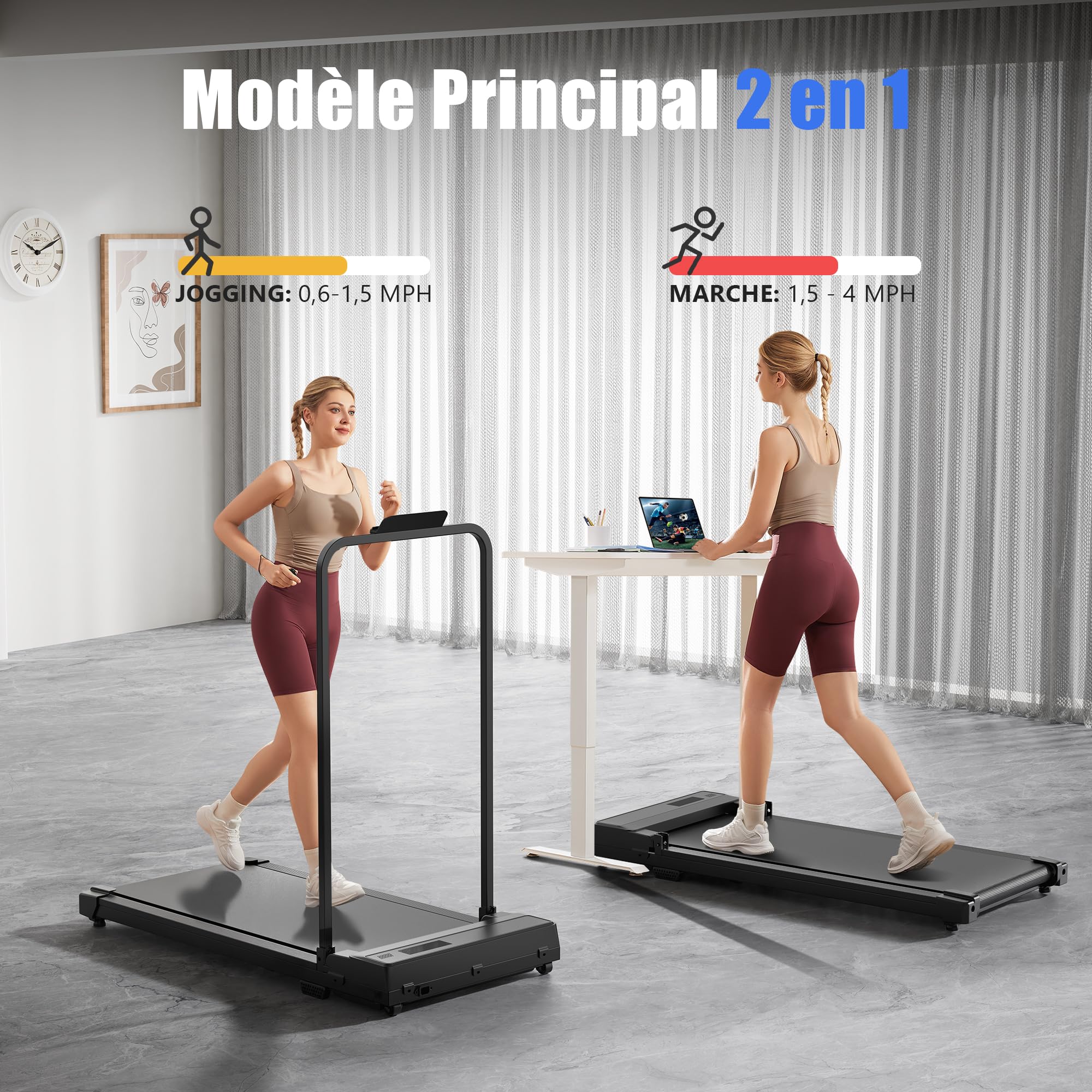 Tapis de Marche Course Pliable - Walking Pad, Treadmill Roulant de Sport Portable Petit Electrique Motorise avec Télécom, 4 en 1 LED et 90° Tablet Holder for Bureau Home Fitness 110kg Max