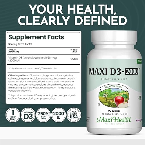 Miniatura 6 de Maxi Health Tabletas de vitamina D3 de 2000 UI  Apoyo inmunológico, salud ósea y función muscular  Suplemento de vitamina D de 2000 UI para adultos