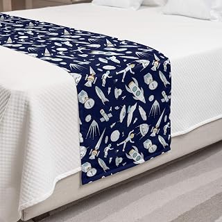 Ambesonne Space Bed Runner, Planets Rockets Cosmonauts Shuttles UFO Cosmic Adventure Digital Theme, Decorative Accent Bedding Scarf for Hotels Homes and Guestrooms, King, Indigo White