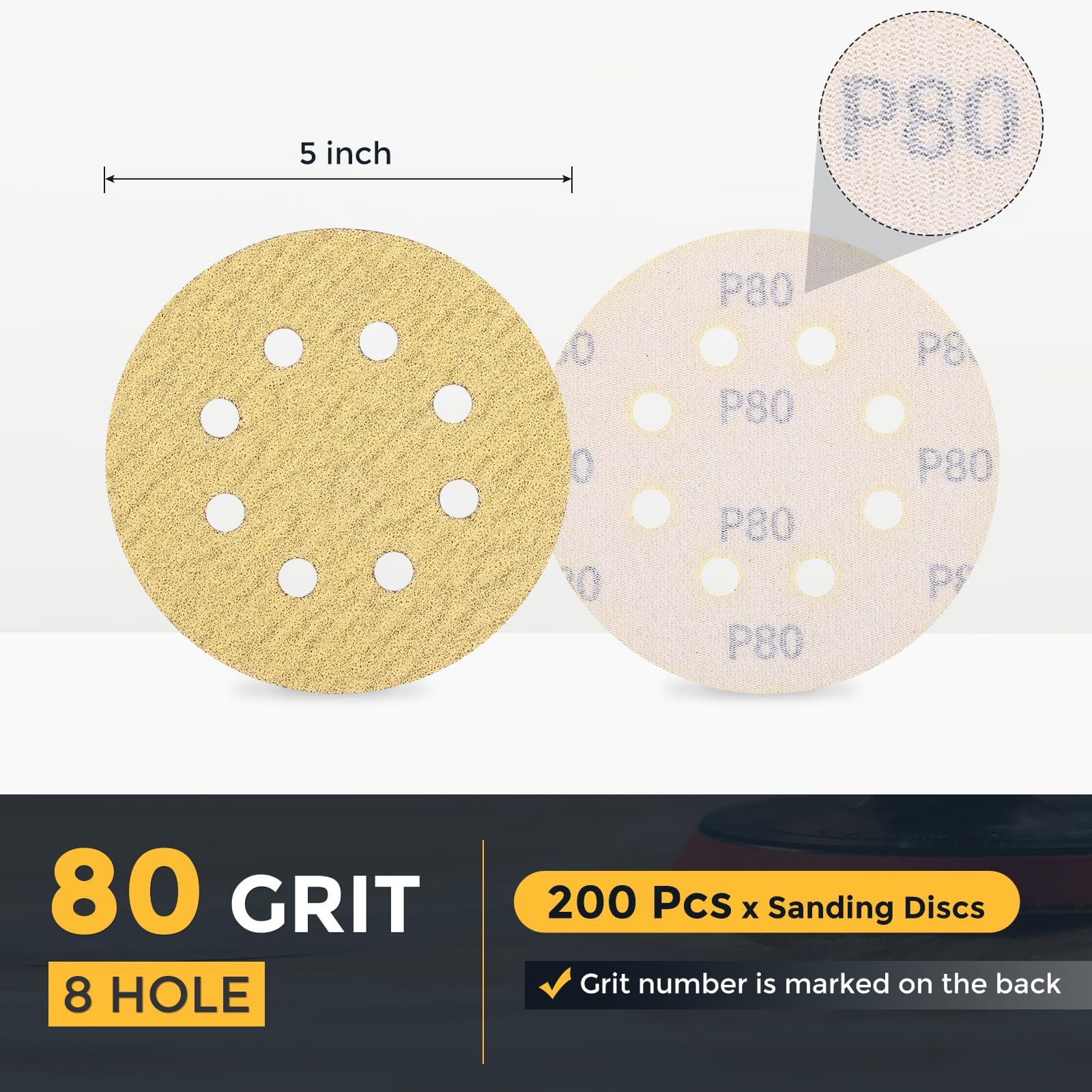 sourcing map 200 discos de lija orbitales aleatorios de 125 mm, 8 agujeros, grano 80, almohadillas de lija orbitales aleatorias para carpintería, automoción, metal, dorado