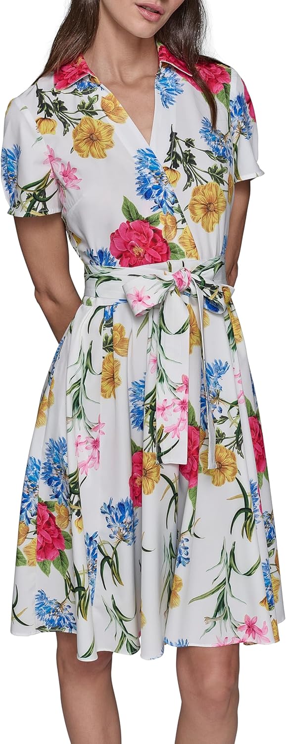 Karl Lagerfeld Women's Short Sleeve Surplice Neck Faux Wrap Belted Mini Dress