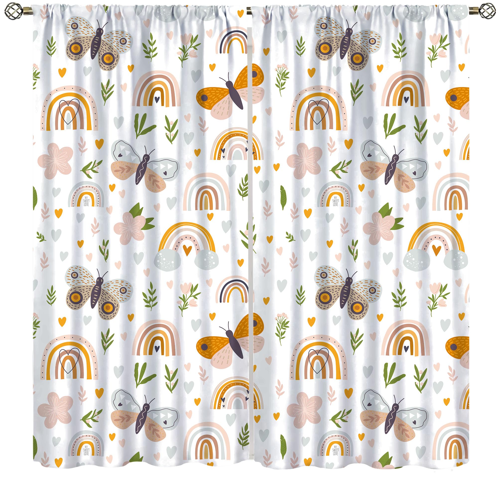 Yoakiet Kids Boho Rainbow Blackout Curtains,Childish Cute Rainbow Butterfly Flower Print Rod Pocket Window Treatments Drapes for Living Room Playroom Nursery42x45in