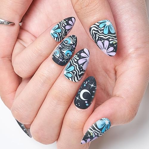 Miniatura 4 de GLAMERMAID - Uñas postizas cortas a presión, con pegamento de ojos de diablo negro gótico, 30 unidades, uñas postizas acrílicas cortas mate,