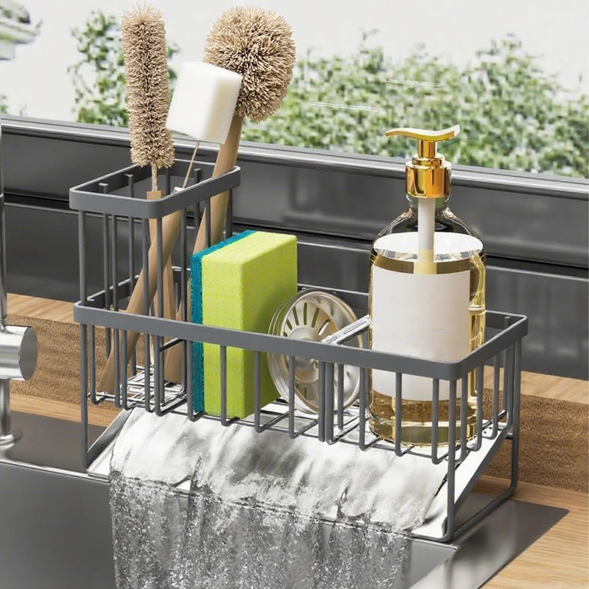 Kitchen Sink Caddy Organizer with Tall Brush Holder – Rustproof 304 Stainless Steel Sponge Rack, Soap Dispenser Tray for Countertop, Modern Kitchen Accessories & Storage