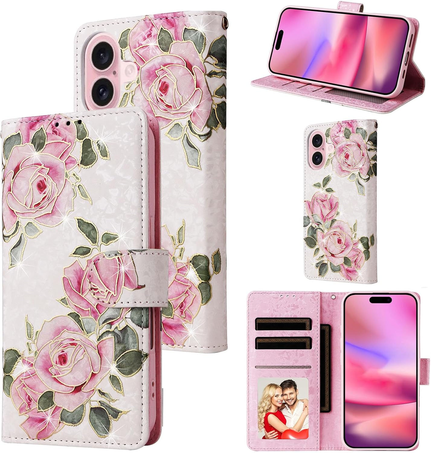 UEEBAI Wallet Case for iPhone 16, PU Leather Phone Cover Kickstand RFID Blocking Flip Case Card Slots Wrist Strap Relief Engraved Pattern Magnetic Closure Flower Folio Wallet, White Rose