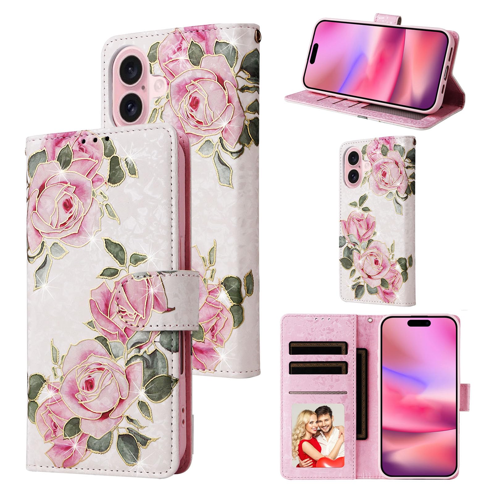 UEEBAI Wallet Case for iPhone 16 Plus, PU Leather Phone Cover Kickstand RFID Blocking Flip Case Card Slots Wrist Strap Relief Engraved Pattern