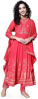 LYMI LABEL Rayon Zari Embroidered Foil Printed Anarkali Flared Kurta Pant with Dupatta Price In India