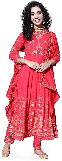 LYMI LABEL Rayon Zari Embroidered Foil Printed Anarkali Flared Kurta Pant with Dupatta