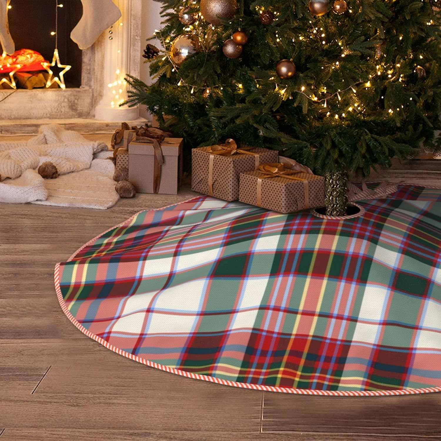 Christmas Tree Skirt 48" Clan MacAlister Dress Tartan Red Scottish Plaid Linen Xmas Tree Skirt for Holiday Party Christmas Tree Mat Decorations Indoor Outdoor