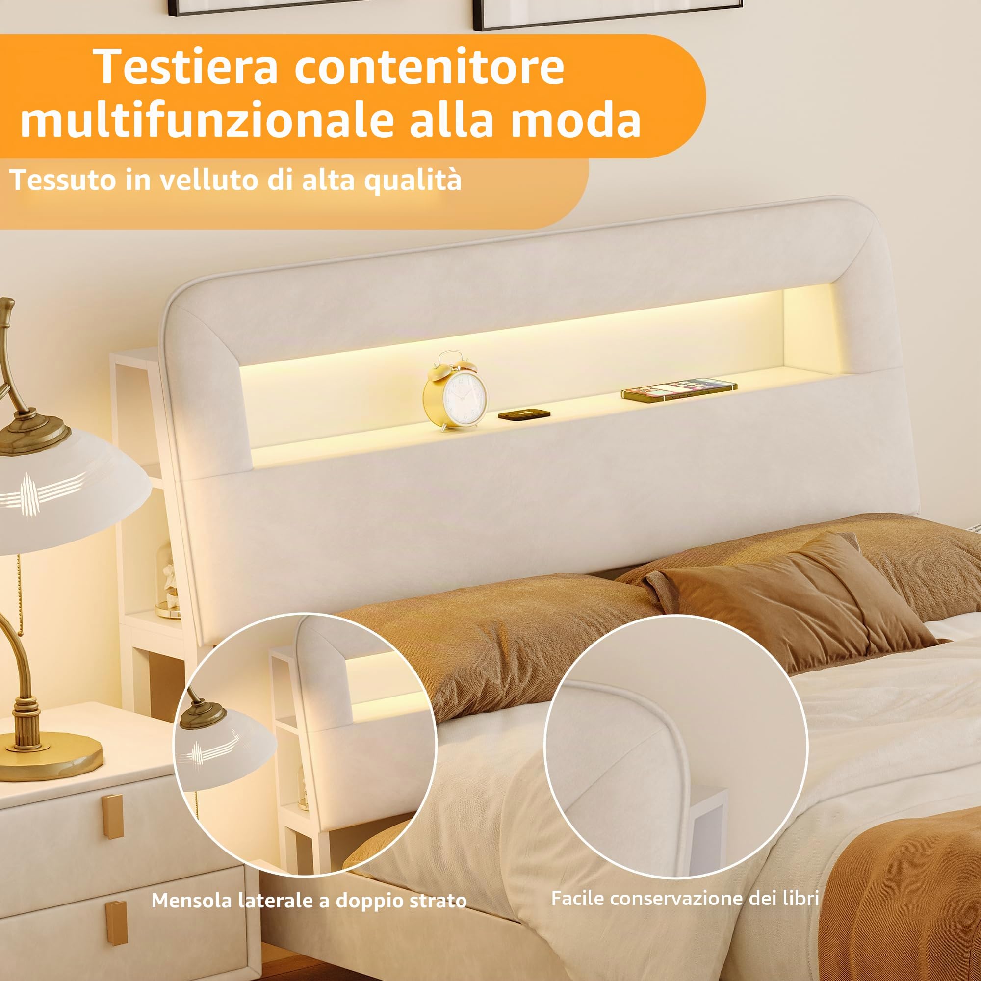 Letto imbottito 160x200 cm con 2 Cassetti, Letto matrimoniale a LED, letto contenitore una piazza e mezza, Funzionale con testiera, Struttura letto con rete a doghe, in Velluto