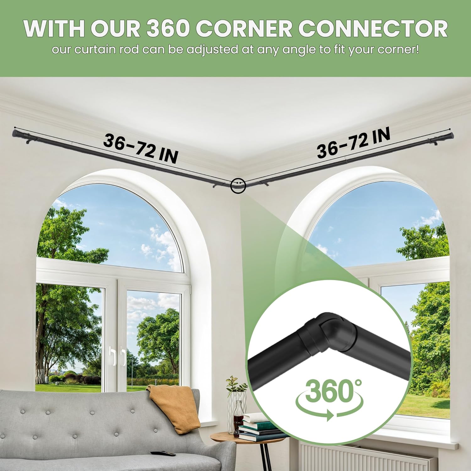 Adjustable Black Corner Curtain Rod 36-72 Inch for Windows – Decorative Curtain Rods with 360° Rotating Connector Fit All Curtain Types/Rooms