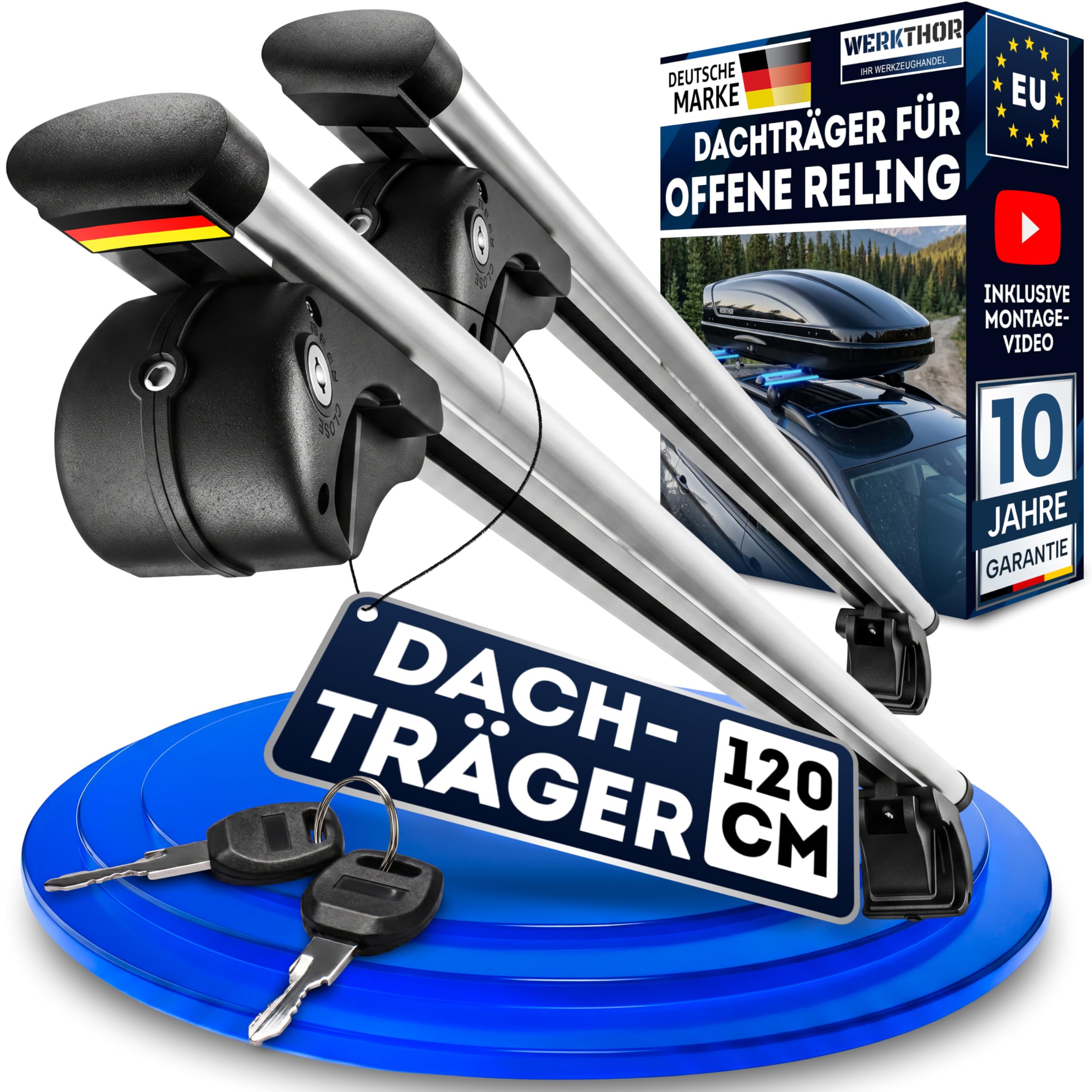 WERKTHOR Alu Dachträger 120cm für Offene Reling – Aerodynamischer Relingträger Vormontiert & Abschließbar – Auto Dachträger 90kg – Universal für Dachbox & Fahrrad