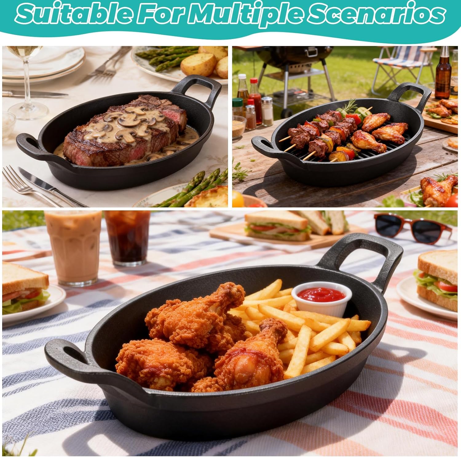 4Pcs Mini Cast Iron Skillets, 8.5×6.1 Inch Small Cast Iron Pan, Black Double-Eared Oval Frying Pots, Baking Pans for Kitchen Indoor Outdoor and Picnic