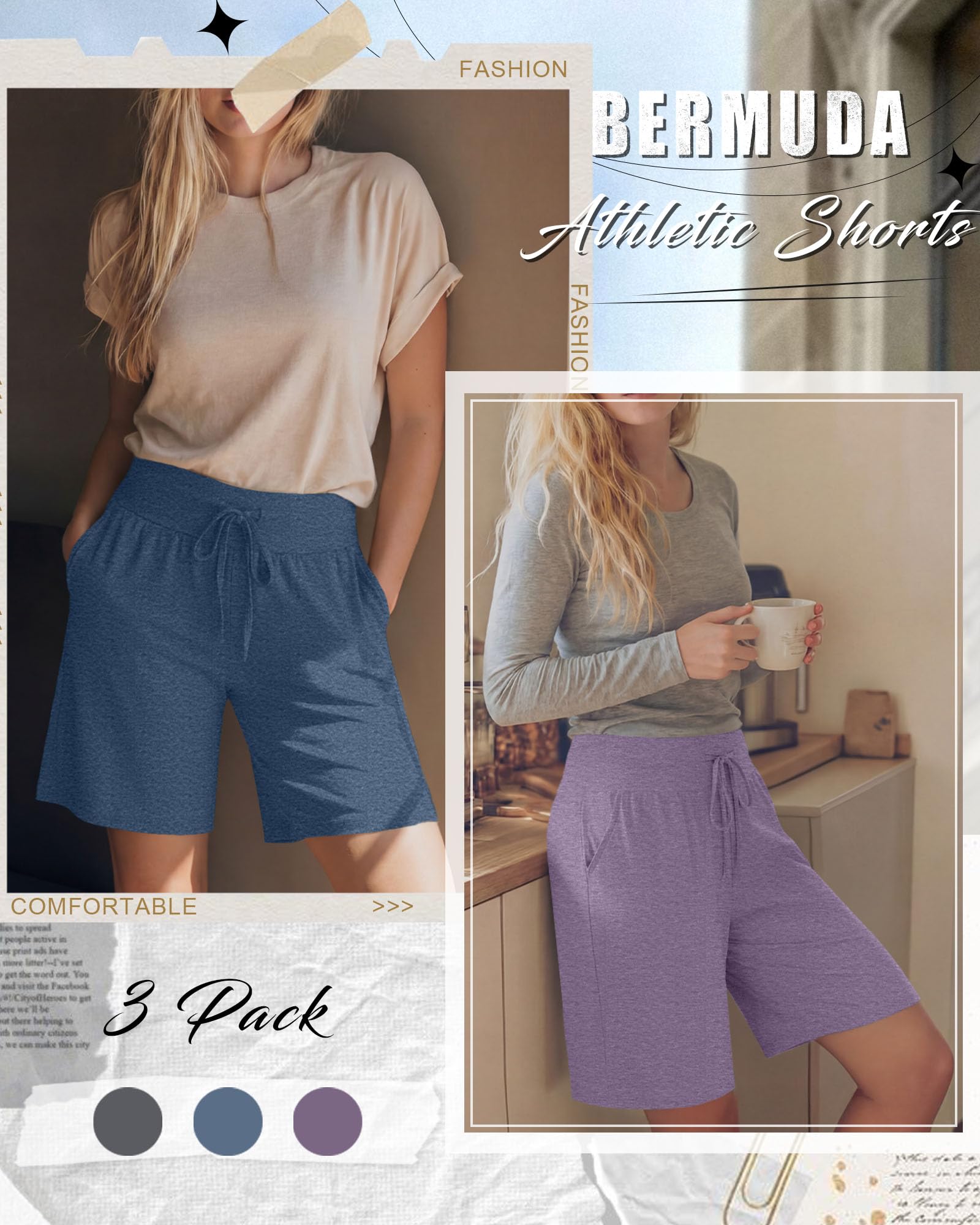 Neer Confezione da 3 Bermuda da Donna a Gamba Larga, Vita Alta, con Coulisse, Pantaloncini Sportivi con Tasca