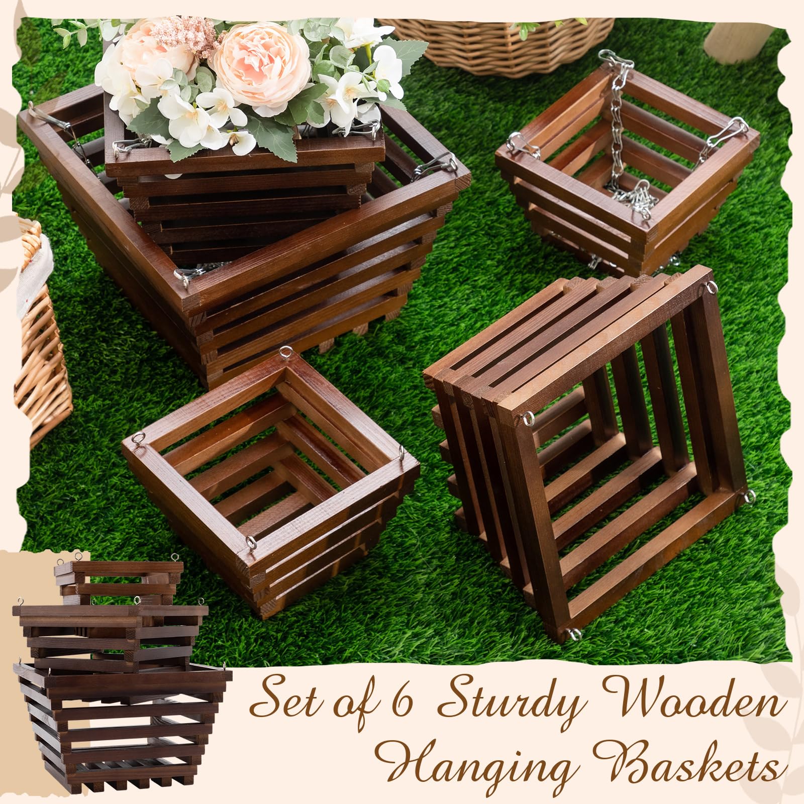 SiliFine 5 cesti in legno per orchidee con ganci, in legno di pino, rustici, per orchidee, fatti a mano, per interni ed esterni, giardino, felci e fiori (15,2 cm, 20,3 cm, 25,4 cm)