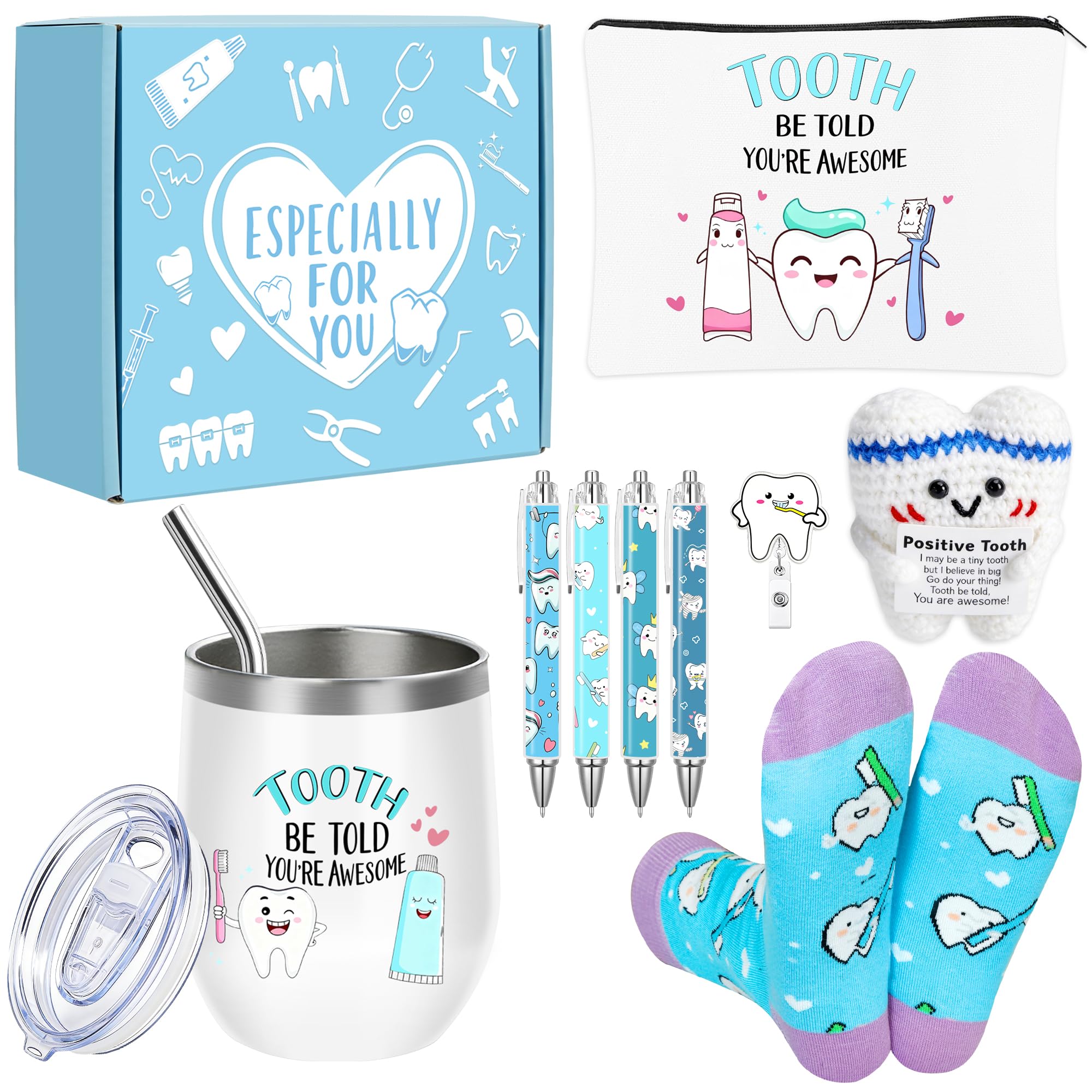 Dentist Gifts for Women Unique Dental Assistant Gifts Funny Dental Hygienist Gift Including Tumbler Mug Socks Badge Reel Holder Makeup Bag Ballpoint Pen Crochet Teeth for Birthday Christmas