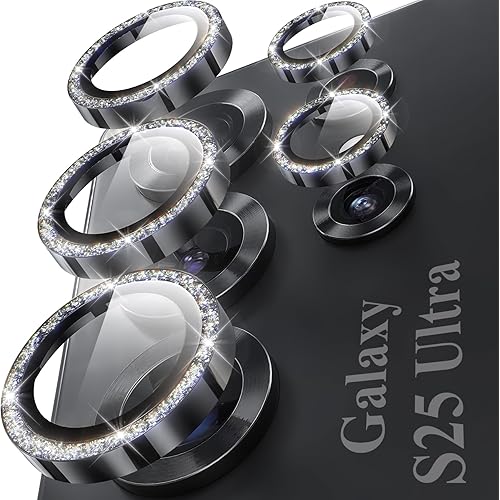 YWXTW Camera Lens Protector for Samsung Galaxy S25 Ultra, [5X Stronger] Glitter Bling Individual Metal Ring Tempered Glass Camera Screen Protector for S25 Ultra Accessories, 1 Set (Glitter Black)