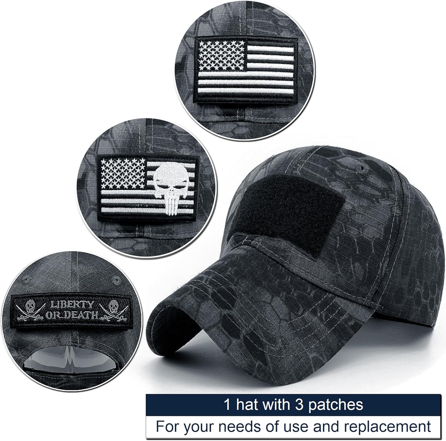 Tactical Military Mens Camo Baseball Hat with American Flag Skull Patch Patriotic Operator Camouflage Cap for Women - Image 2