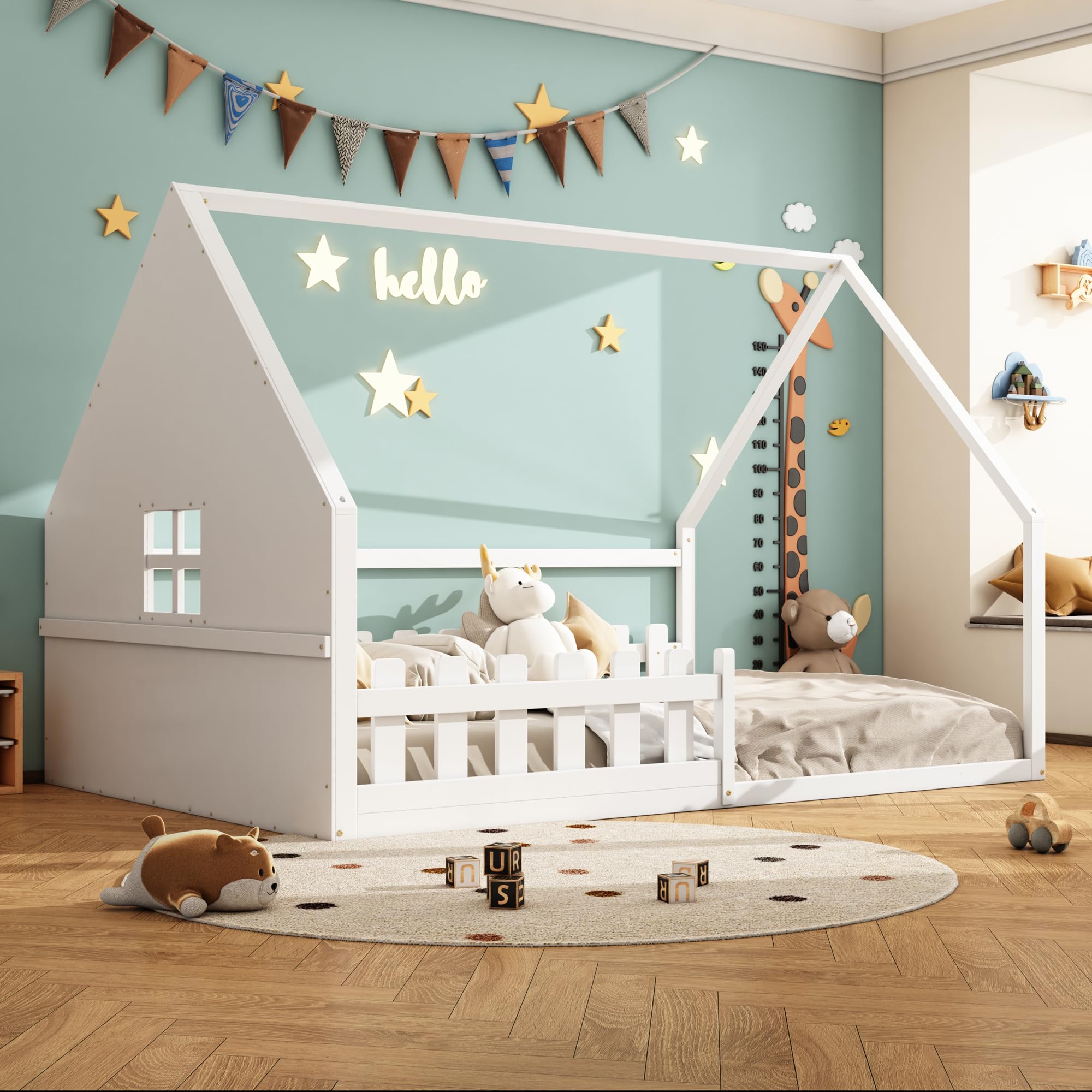 Letto per bambini a forma di casa 140x200cm, letto Montessori da pavimento con protezione anti-caduta e rete a doghe, letto in legno per bambini e bambine