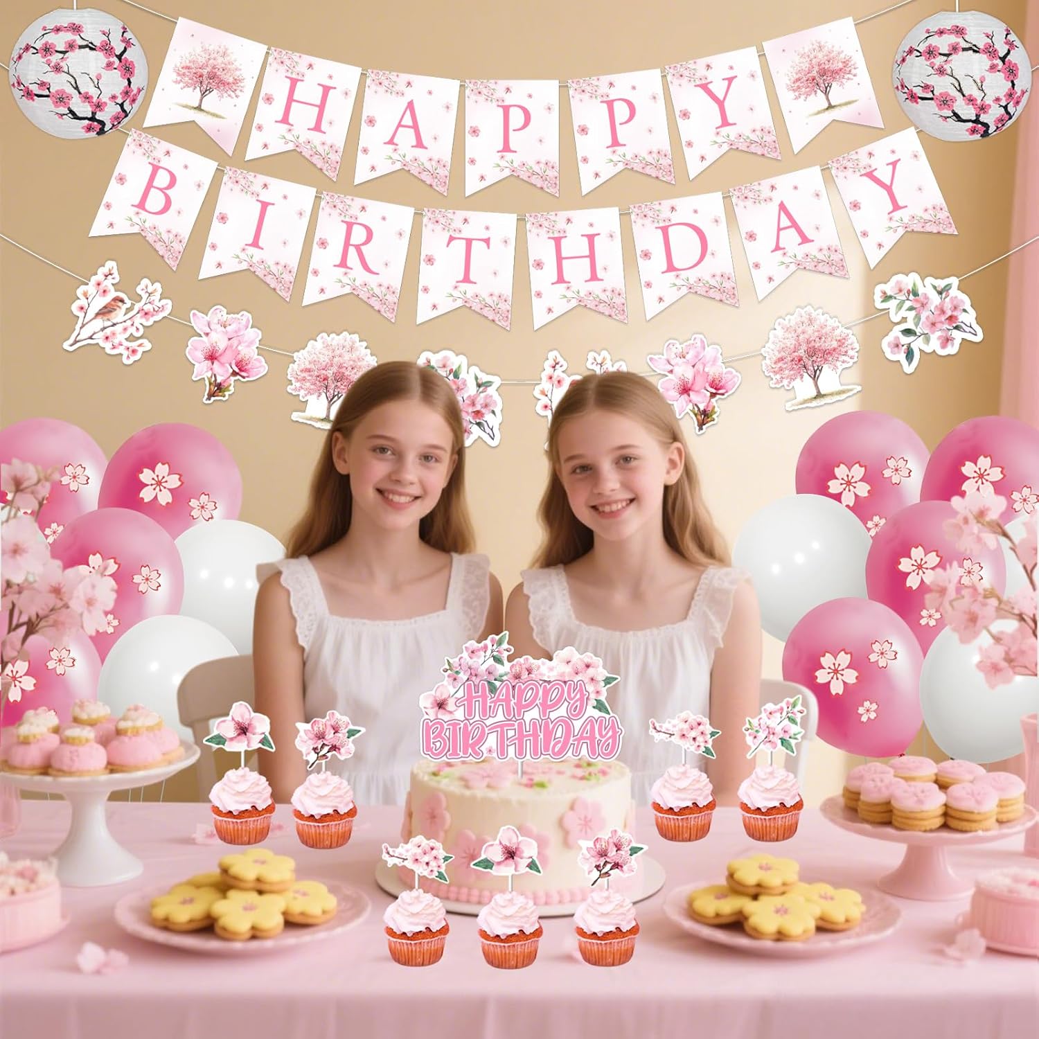 Pink Cherry Blossom Birthday Party Decorations, Happy Birthday Banner Cake Topper, Sakura Themed Garland Cupcake Topper Paper Lanterns and Balloons for Woman Party Supplies - Image 4