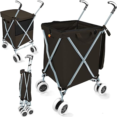Wellmax WM99100 Series Carrito de compras plegable con ruedas, carrito de comestibles con lona extraíble con tapa, carrito utilitario ligero para