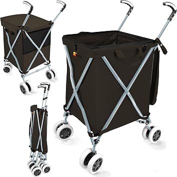 Wellmax WM99100 Series Folding Shopping Cart with Wheels, Grocery Cart with Removable Canvas with Cover, Lightweight Utility Cart for Groceries and Laundry - Holds up to 120 lbs Black