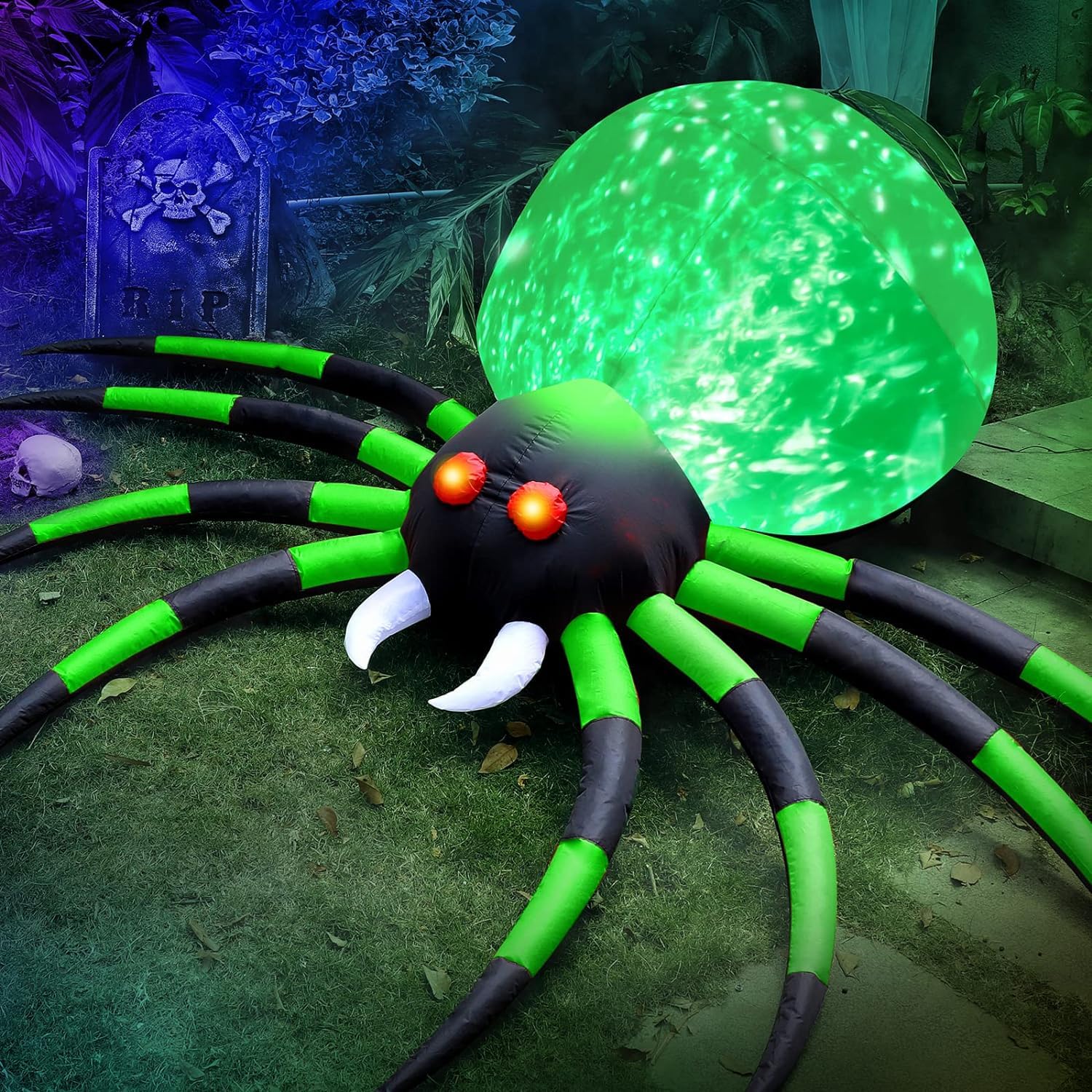 Decorazioni gonfiabili per esterni, ragno di Halloween, 2,4 m, gigante, verde con fiamma rotante che soffia, grandi oggetti di scena spettrali per feste di Halloween, giardino, prato, casa, vacanze,