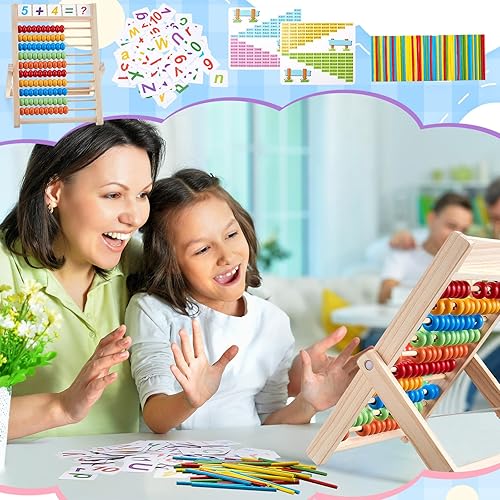 Miniatura 6 de Shappy Juego de 2 juegos de aprendizaje de matemáticas preescolar, juegos educativos de matemáticas, ábaco de madera con marco de madera con cuentas