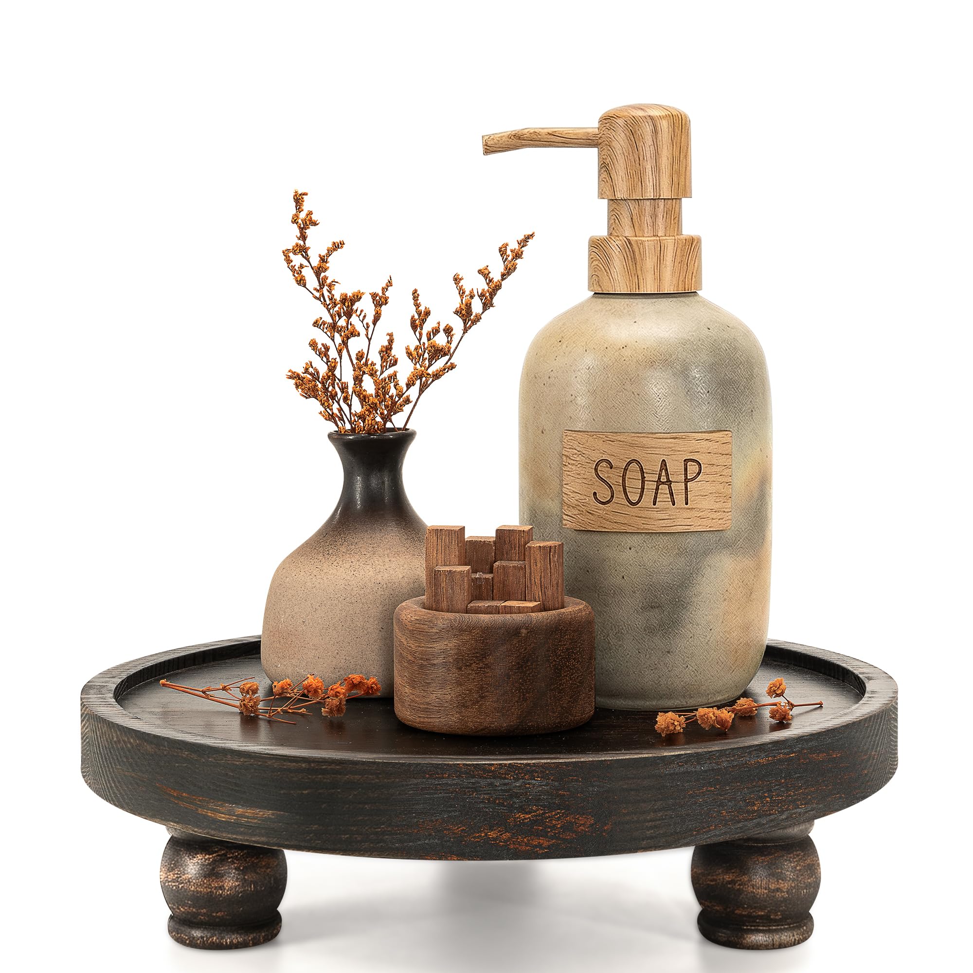 EOSAHR Pine Wood Farmhouse Display Risers for Bathroom Decor - Decorative Tray for Kitchen Counter Decor - Rustic Style Wood Pedestal Stand for Coffee Table (Distressed Black)