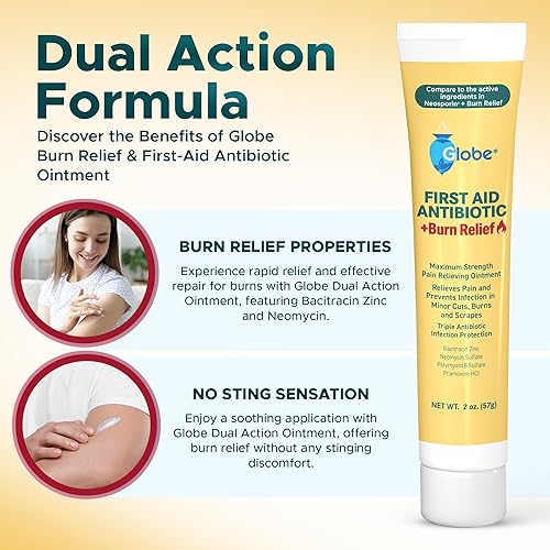 Miniatura 5 de Globe First Aid Antibiótico Burn Relief, ungüento antibiótico triple de máxima fuerza para protección contra infecciones 24 horas, 2 onzas