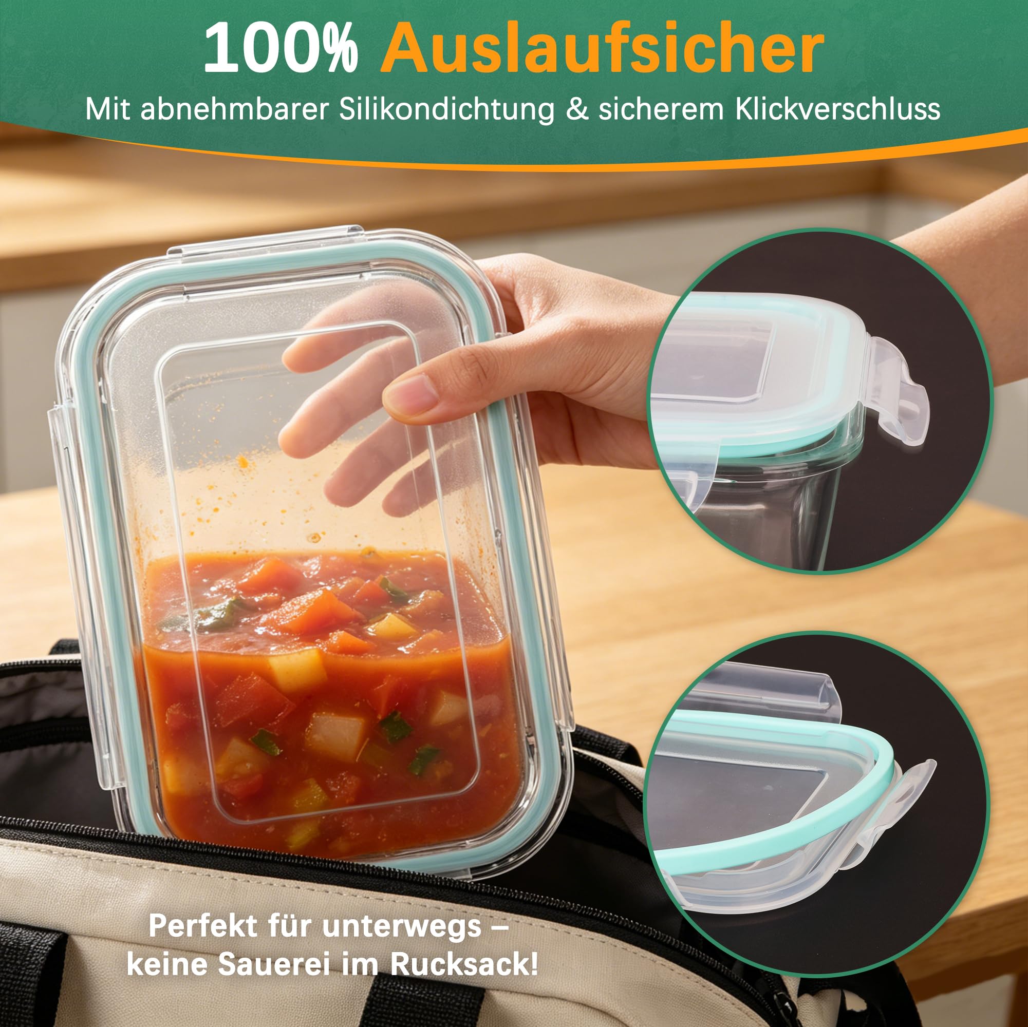 Glasbehälter mit Deckel 4er Set | Borosilikatglas Frischhaltedosen Luftdicht & Auslaufsicher | Vorratsdosen für Kühlschrank, Gefrierschrank & Mikrowelle | 1040ml, 640ml, 370ml, 180ml