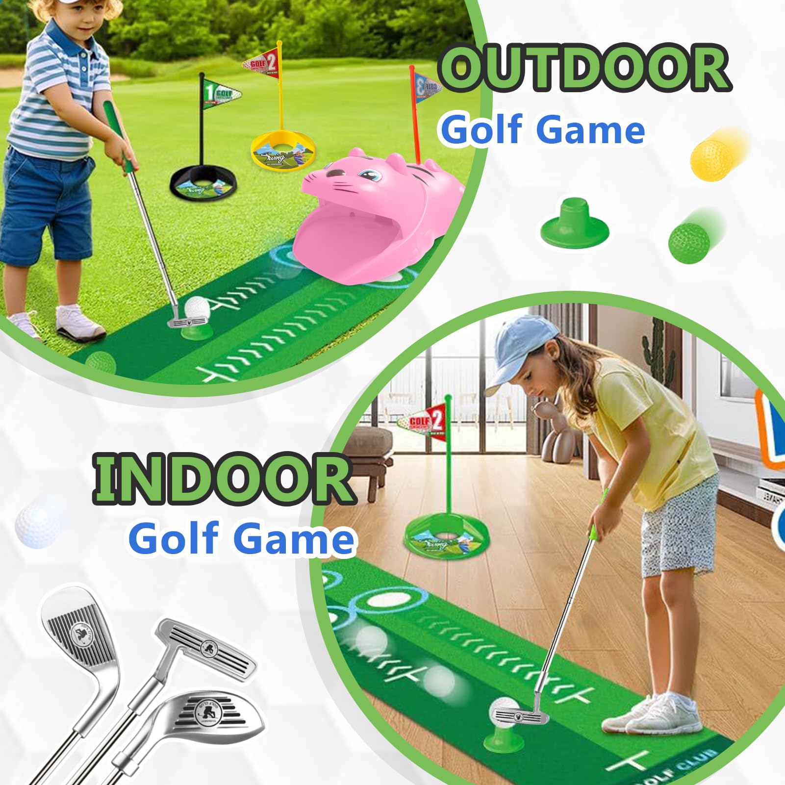Mini Golf Set 18 pièces pour Enfants - Tapis de Putting avec Balles et Club - Cadeau pour Filles et Garçons (Jaune)