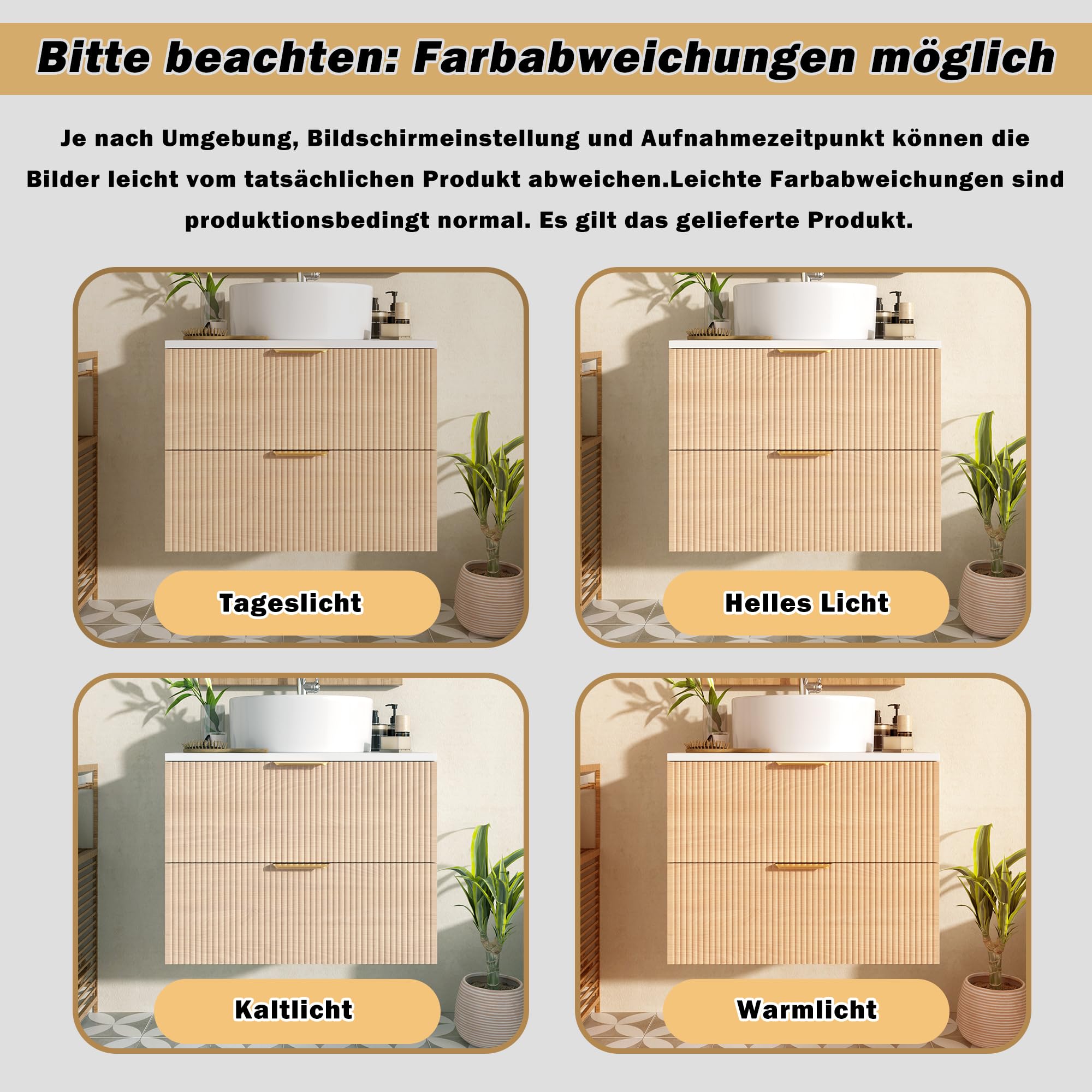 Armario de baño de 60 cm montado en la pared con lavabo de cerámica redondo, frentes de cajones con aspecto de madera con diseño de rayas simples, tablero MDF de alta calidad, gran capacidad de