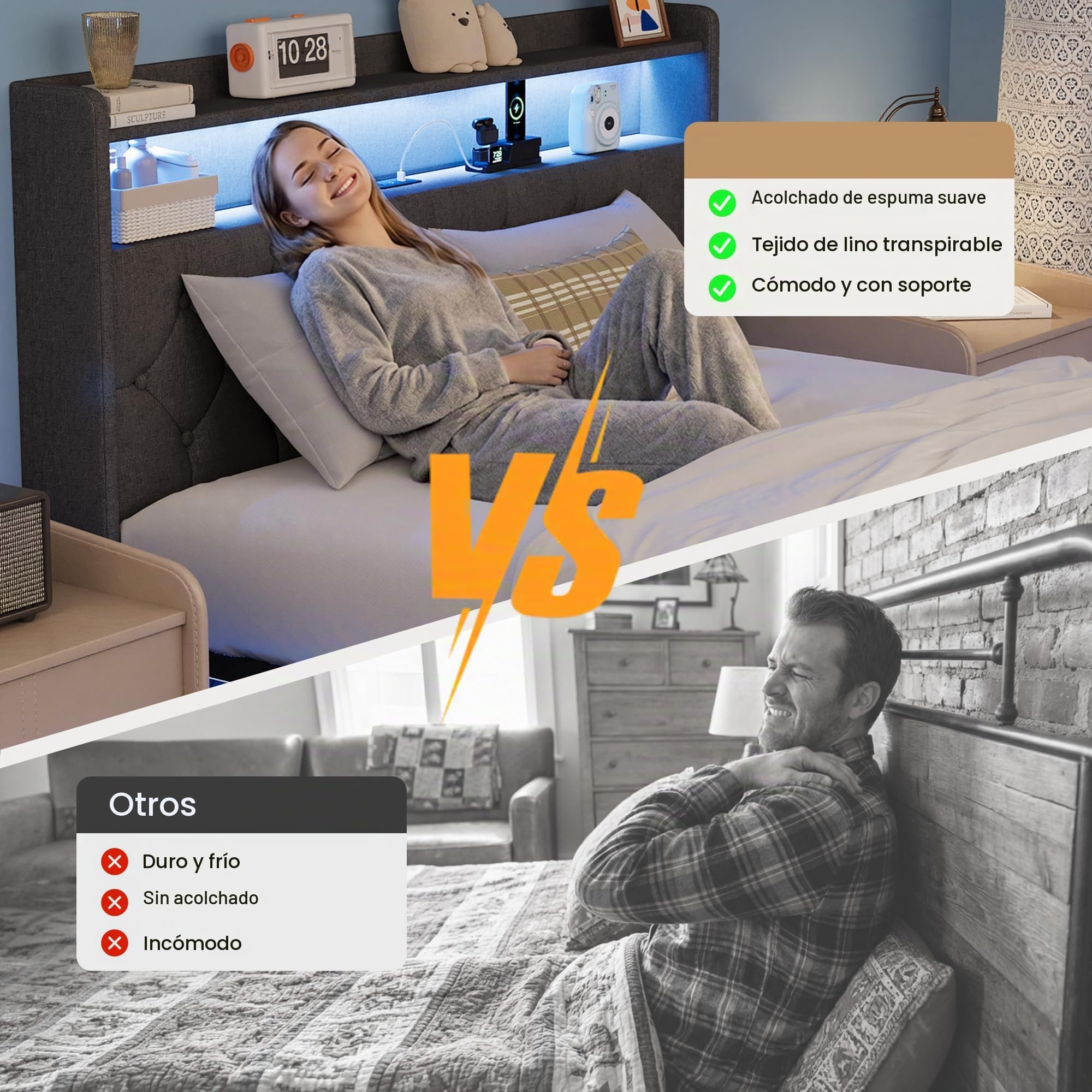 Xbro Cama 140x200 cm con Flotante，Cama Tapizada con Iluminación LED y Estación de Carga (USB/Enchufe), Cabecero Acolchado con Espacio de Almacenamiento, Somier, Gris Oscuro(Sin Colchón)