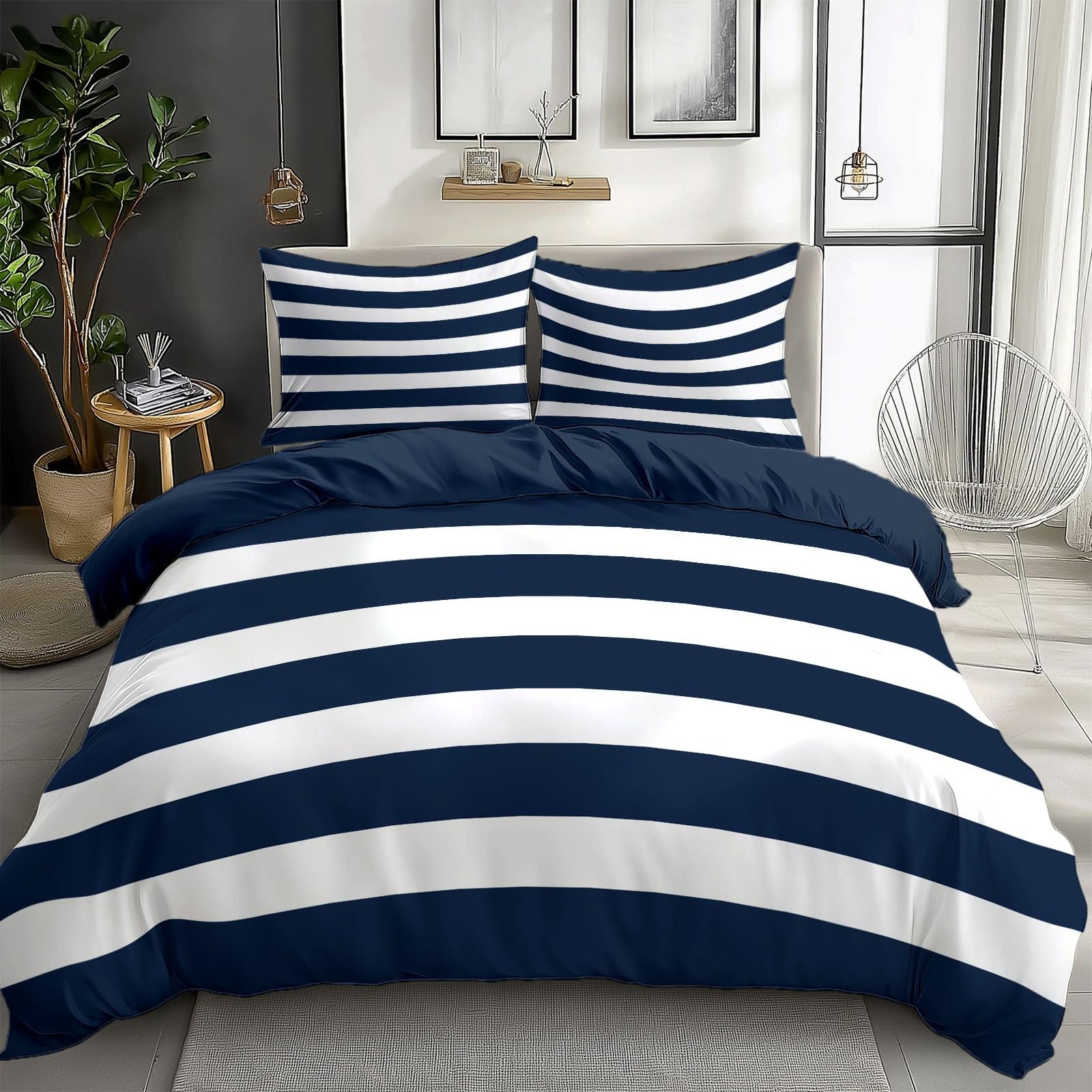 Parure de lit microfibre bleu foncé 220x240 cm avec housse de couette rayée style marin