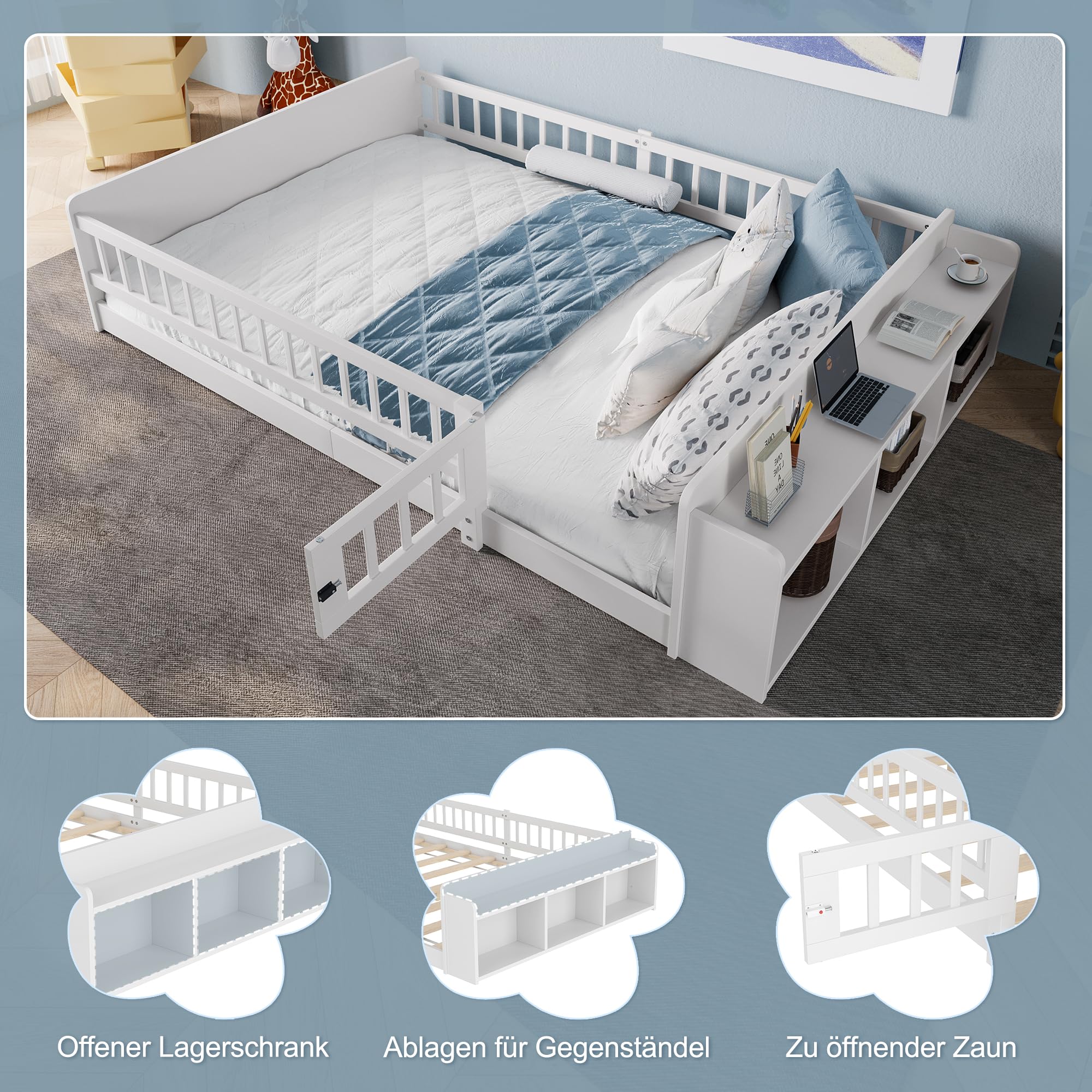 Merax Kinderbett Bodenbett 140x200 cm mit Rausfallschutz & Lattenrost, öffnbarem Zaun - Montessori Bett mit offenem Stauraum & Ablagen, Holz Bettgestell, Jugendbett, bis 200 kg belastbar