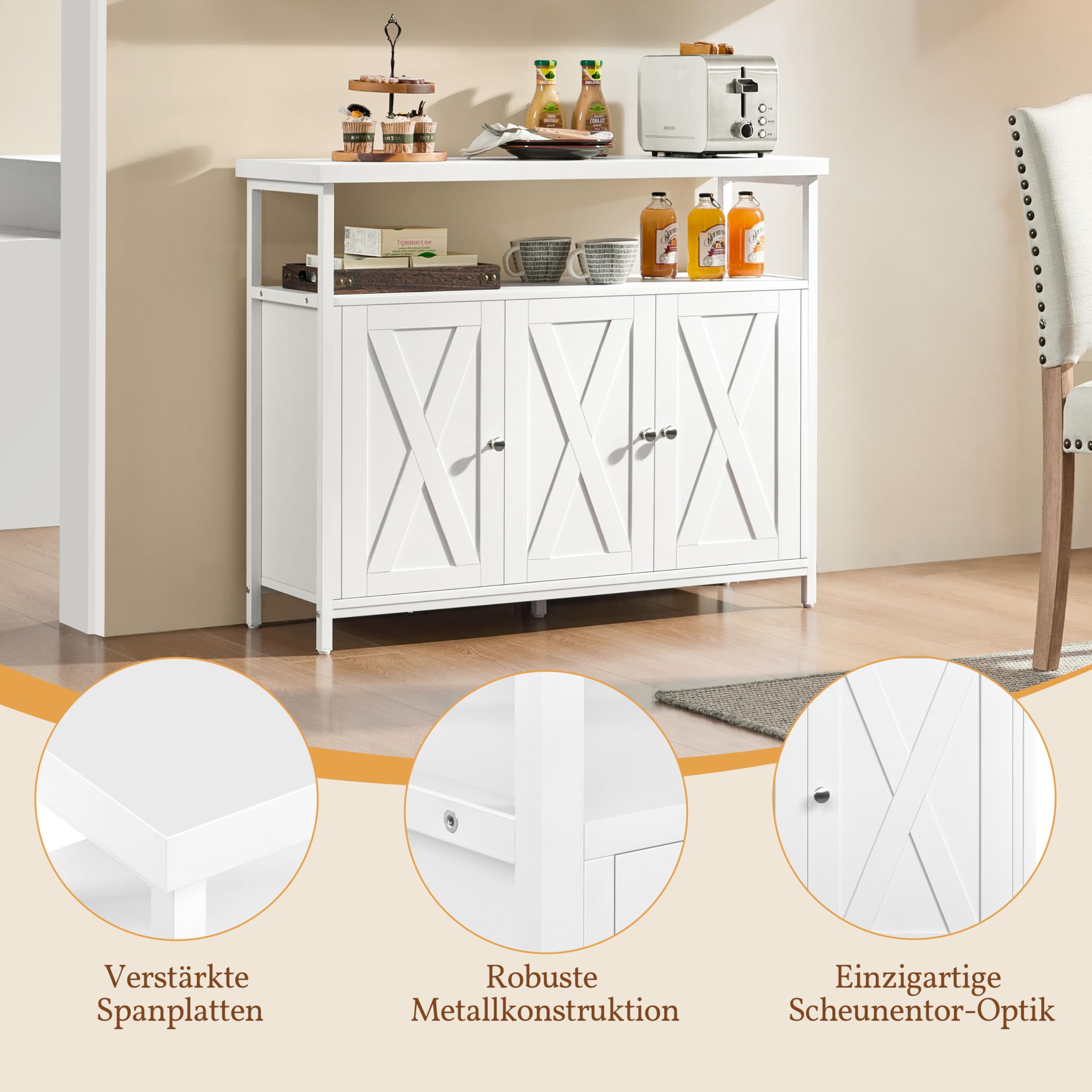 Yaheetech Sideboard, Küchenschrank mit 3 Türen und Offenen Regalen, Buffetschrank Aufbewahrungsschrank verstellbare Ablage 100 × 35 × 81 cm, Weiß