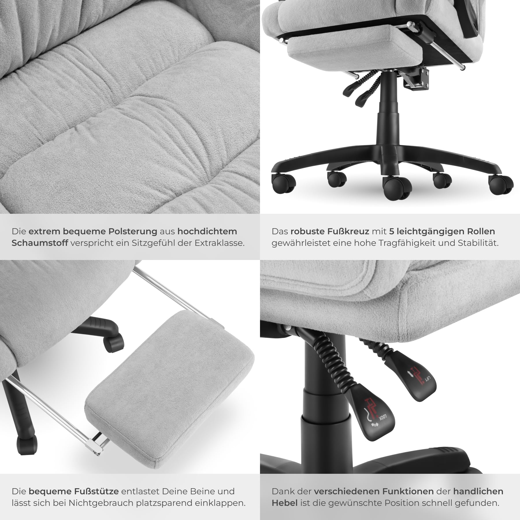 tectake® Bürostuhl ergonomisch, Velour Drehstuhl, Bürostuhl mit Fußstütze, Chefsessel Schreibtischstuhl, Sessel, Gaming Stuhl, Office Chair Ergonomic, Gaming Chair - grau