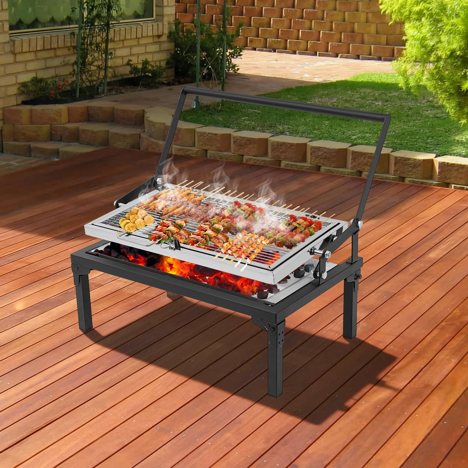 Barbecue pieghevole a carbonella, piccolo barbecue da campeggio con griglia girevole a 360 gradi e cassetto a carbone, pieghevole e portatile, per parco, giardino, spiaggia, picnic