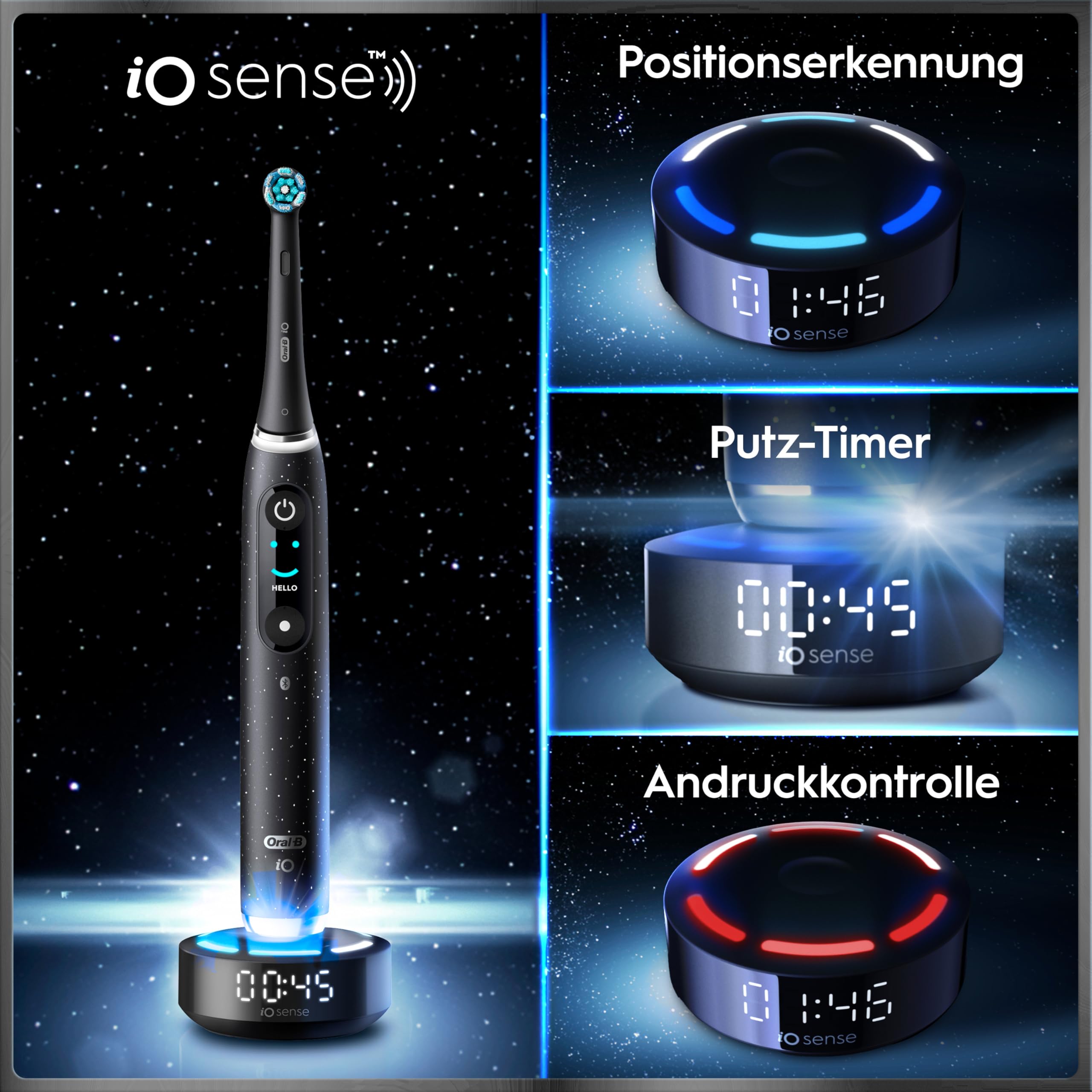 Oral-B iO Series 10 Elektrische Zahnbürste, Schwarz | Inkl. 3 Aufsteckbürsten, Lade-Reise-Etui, iOSense, Electric Toothbrush mit 7 Putzmodi für Zahnpflege