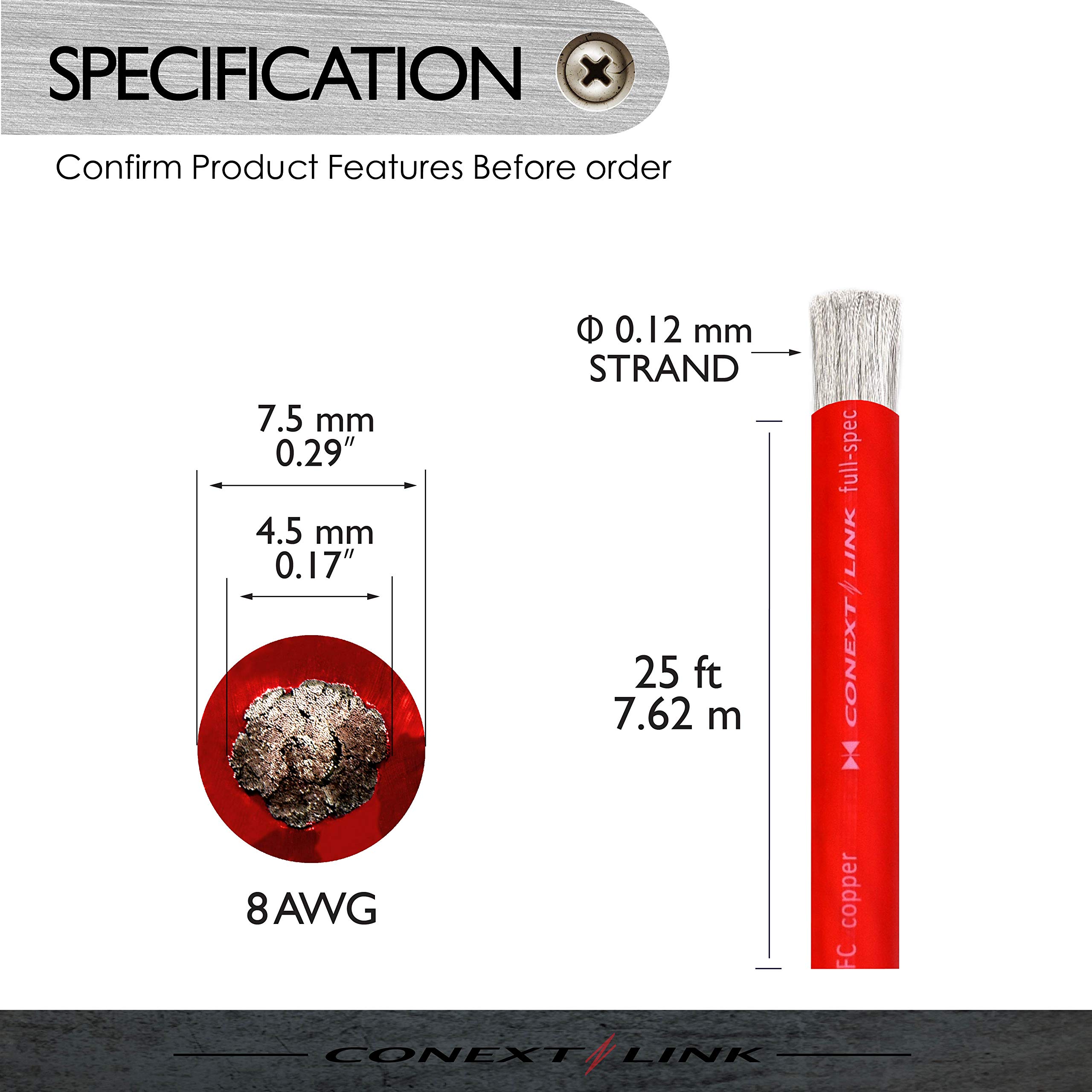 Conext Link Câble d'alimentation de batterie GA de 7,6 m, 8 AWG, fil de terre rouge givré en cuivre OFC