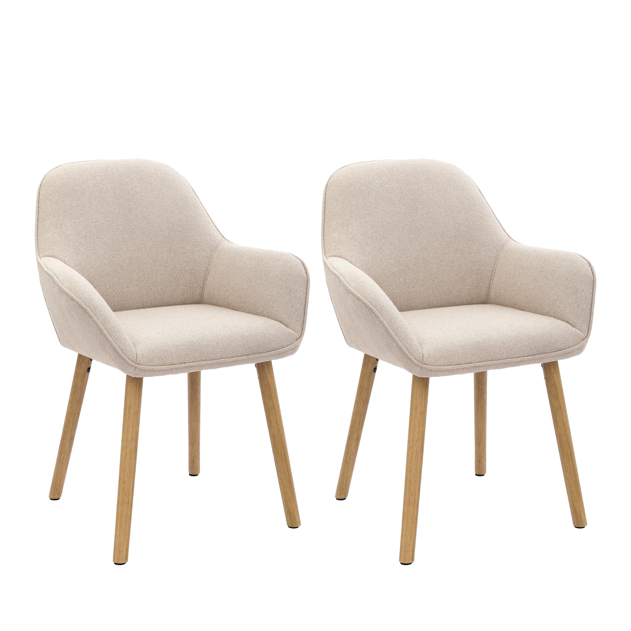 Lot de 2 Chaises de Salle à Manger Pieds en Bois, Chaise Fauteuils Rembourrés avec Accoudoirs, Chaises de Cuisine en Lin pour Salon, Bureau, Beige