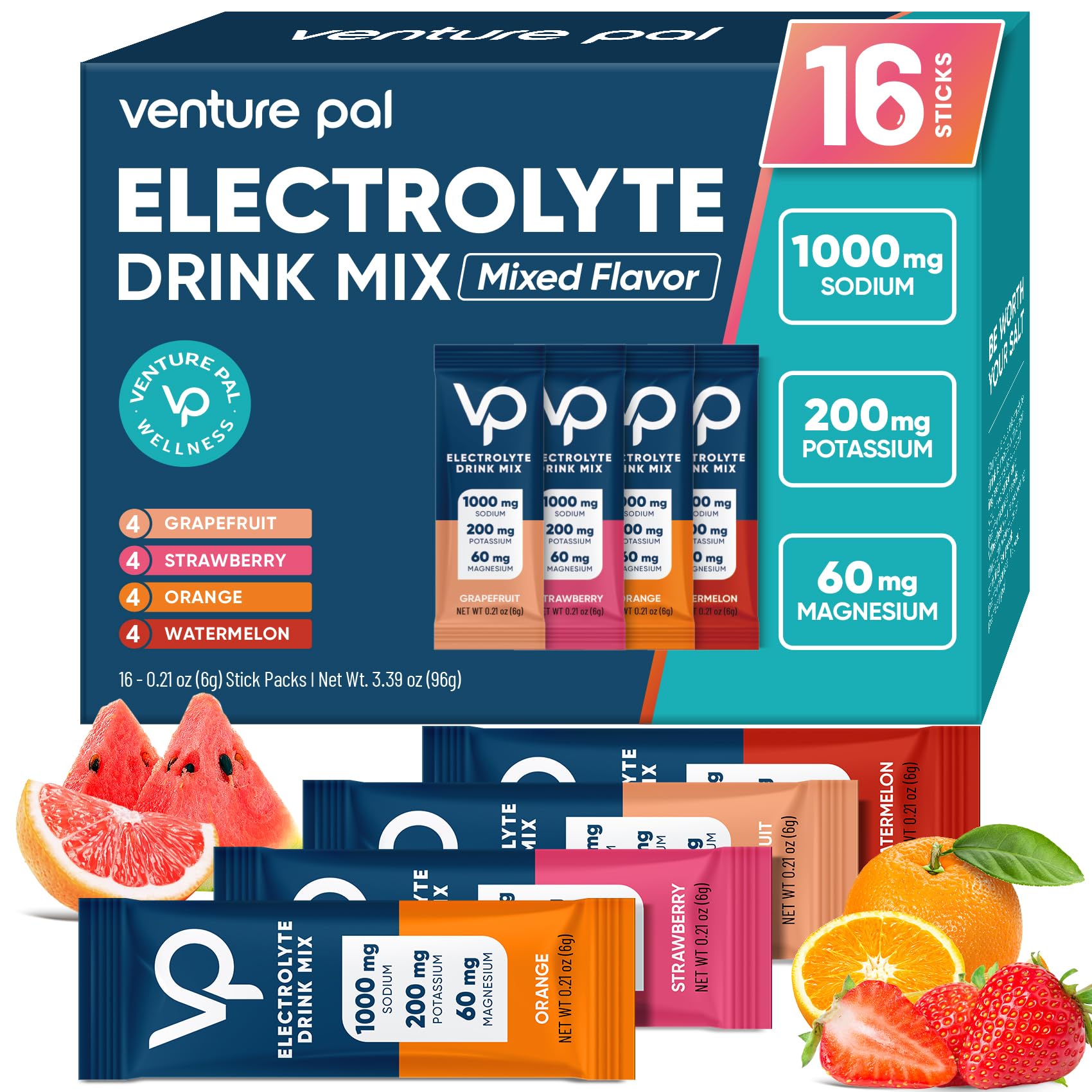Venture PalHigh Sodium Sugar Free Electrolytes Powder Packet - Hydration Packets with Vitamin, Sodium & Potassium | Zero Calories | Vegan, Keto & Paleo Friendly Electrolyte Drink Mix - 16 Sticks